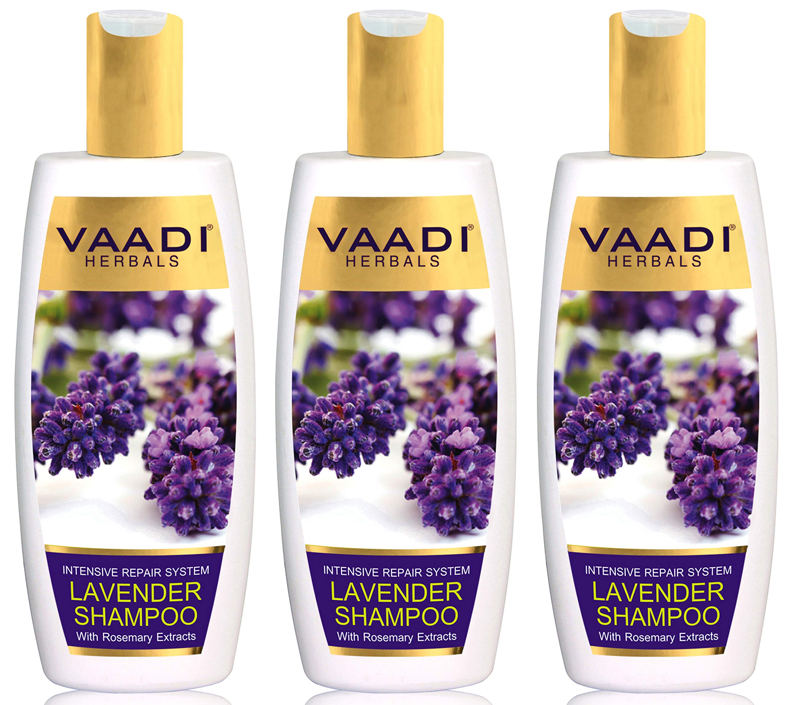 Three bottles of Vaadi Herbals lavender repair shampoo