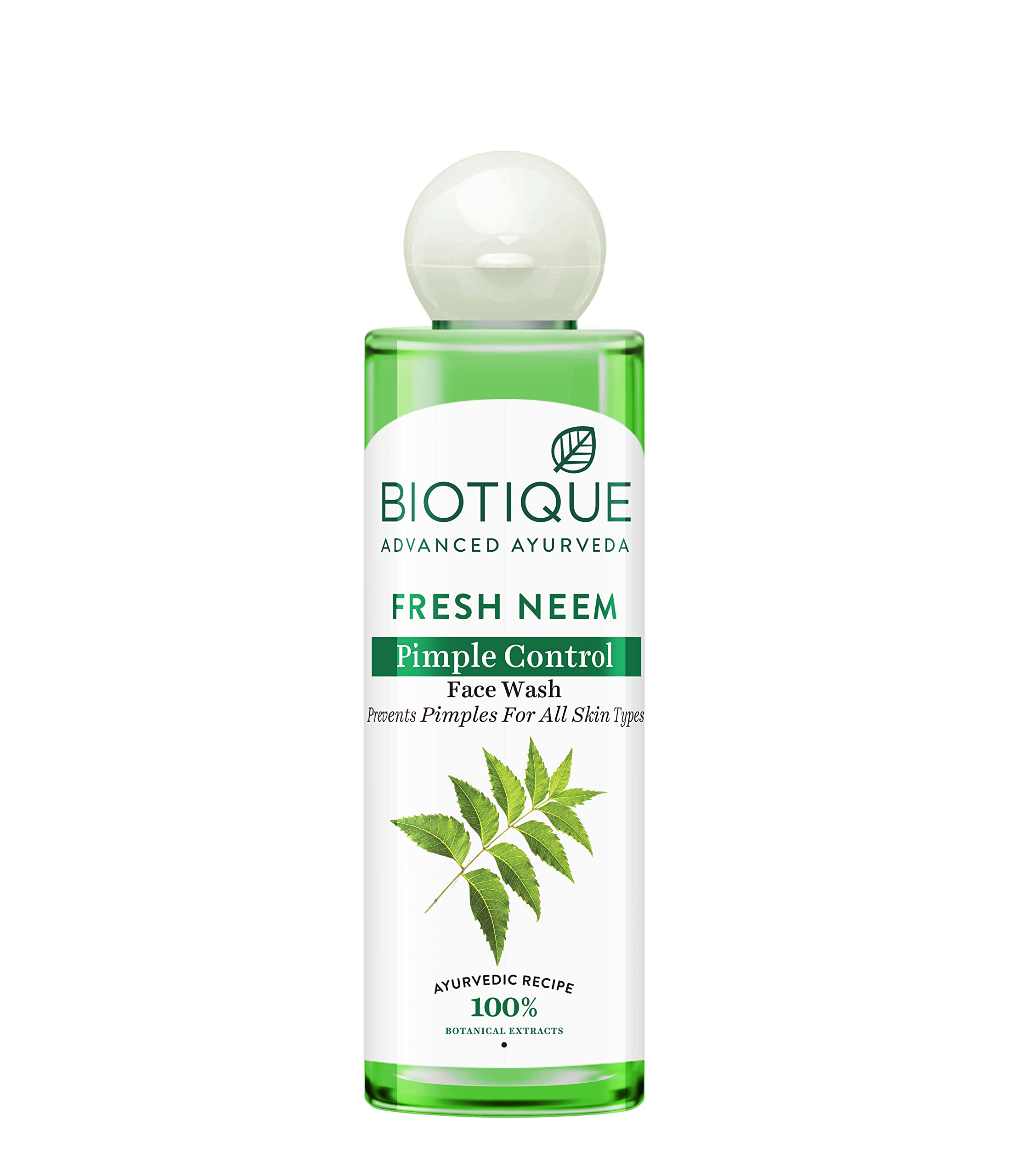 Front view of Biotique neem pimple control face wash bottle