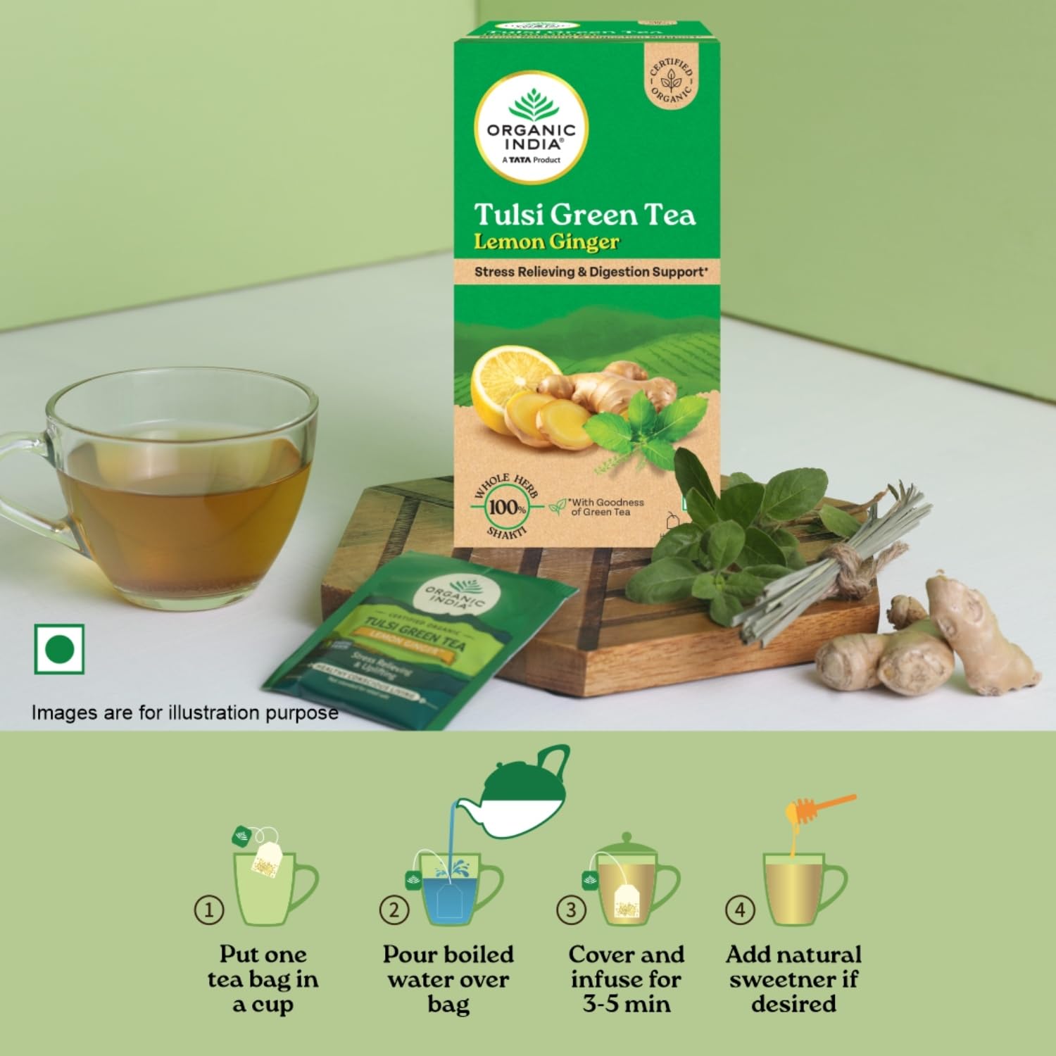 A TATA Product - Organic India Tulsi Green Tea Lemon Ginger - 25 Teabags, Herbal Blend with Green-Tea, Tulsi, Lemon & Ginger, Supports Digestion, Refreshing Taste, Natural Ingredients – view 5