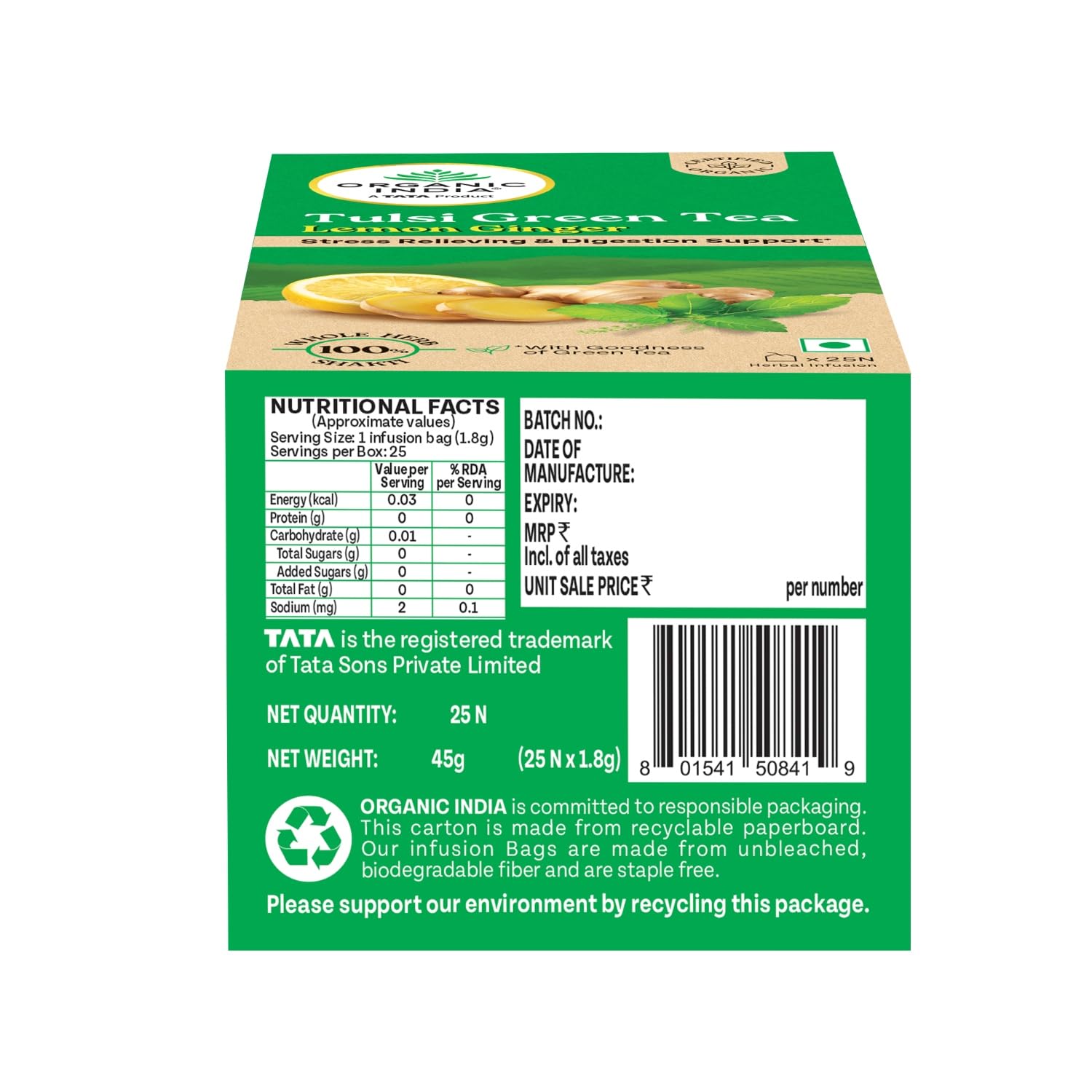 A TATA Product - Organic India Tulsi Green Tea Lemon Ginger - 25 Teabags, Herbal Blend with Green-Tea, Tulsi, Lemon & Ginger, Supports Digestion, Refreshing Taste, Natural Ingredients – view 6