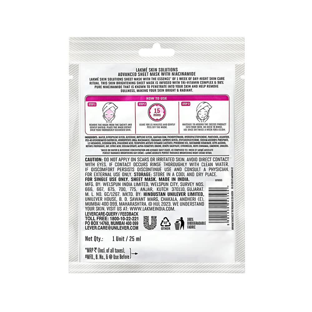 LAKMÉ Skin Solutions Sheet Mask Brightening with Niacinamide 25ml – view 2