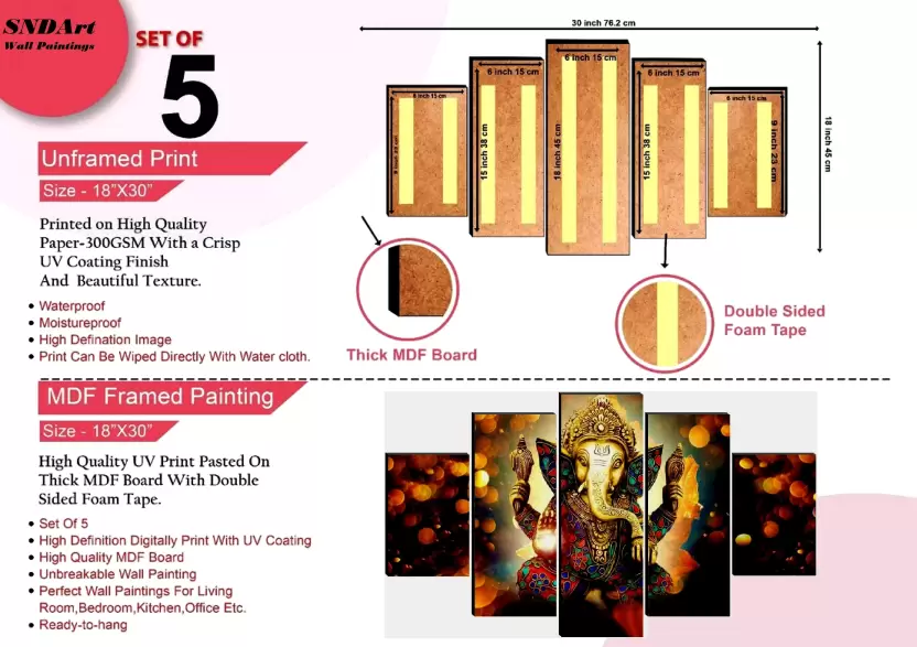 Lord Ganesha Art Print Self Adhesive MDF Painting Digital Reprint 18 inch x 30 inch Painting  (Without Frame, Pack of 5) – view 4