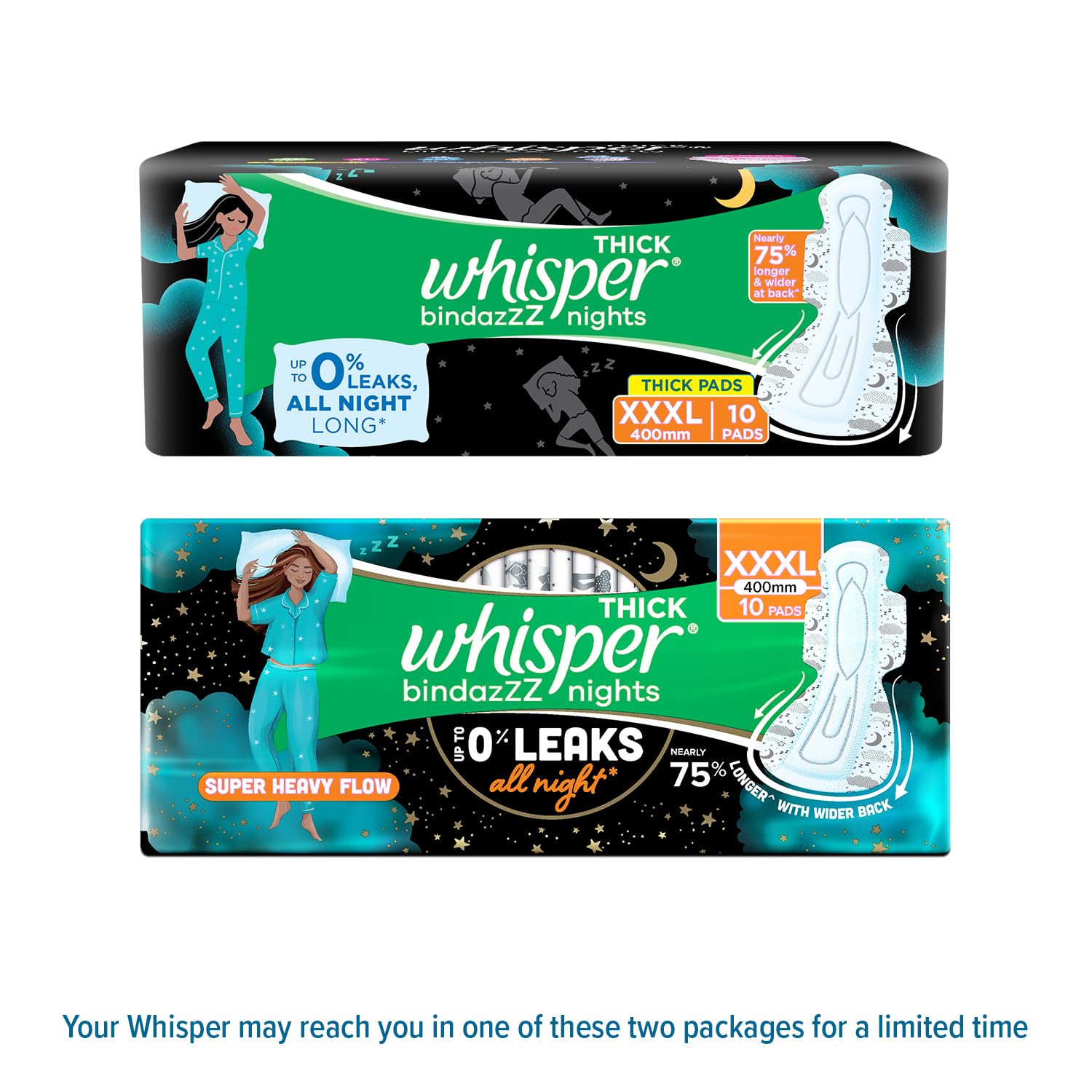 Whisper Bindazzz Nights 10 XXXL Sanitary Pads, Upto 0% Leaks All Night Long, For Super Heavy Flow, Nearly 75% Longer with Wider Back, Double hug wings keep pad in place , Disposable Wrapper – view 2