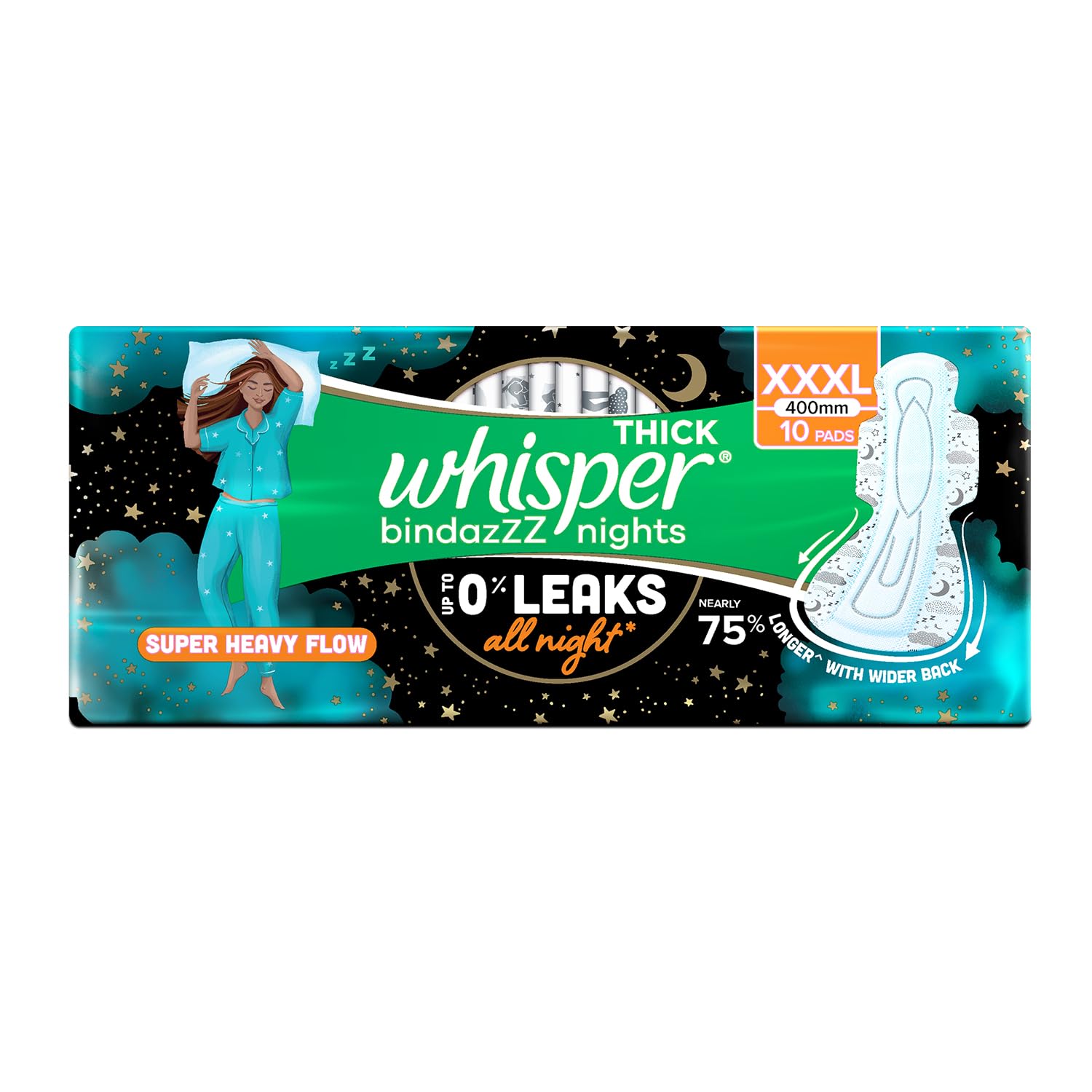 Whisper Bindazzz Nights 10 XXXL Sanitary Pads, Upto 0% Leaks All Night Long, For Super Heavy Flow, Nearly 75% Longer with Wider Back, Double hug wings keep pad in place , Disposable Wrapper – view 8