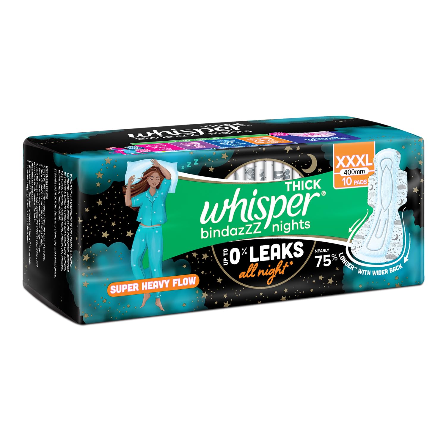 Whisper Bindazzz Nights 10 XXXL Sanitary Pads, Upto 0% Leaks All Night Long, For Super Heavy Flow, Nearly 75% Longer with Wider Back, Double hug wings keep pad in place , Disposable Wrapper – view 9