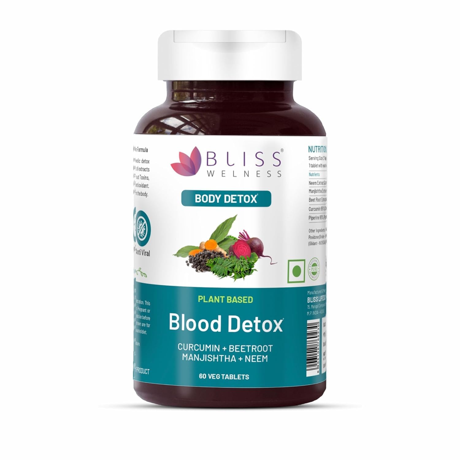 Front view of Bliss Welness Blood Detox tablet bottle