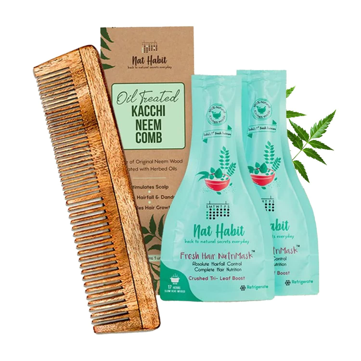 Wooden kacchi neem comb and TriLeaf hair mask combo pack