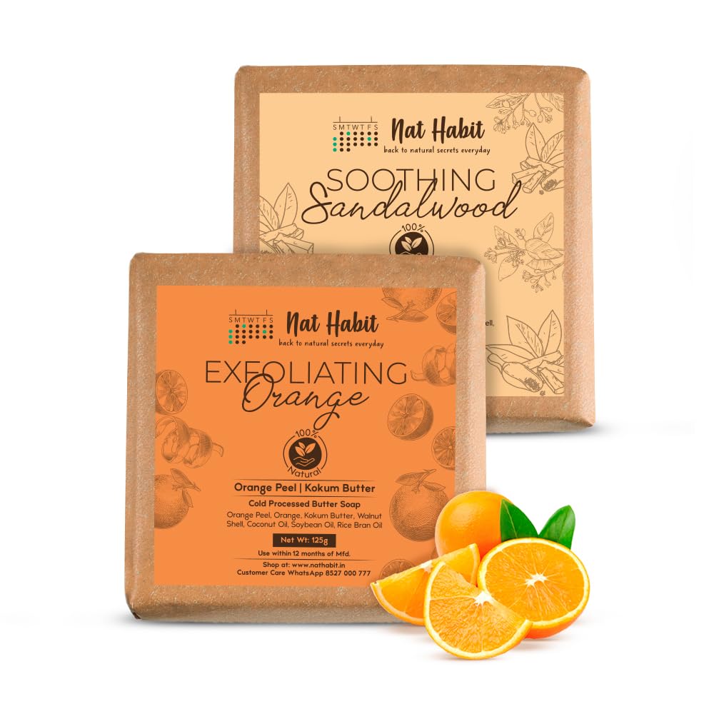 Two cold-processed orange and sandalwood soap bars in box