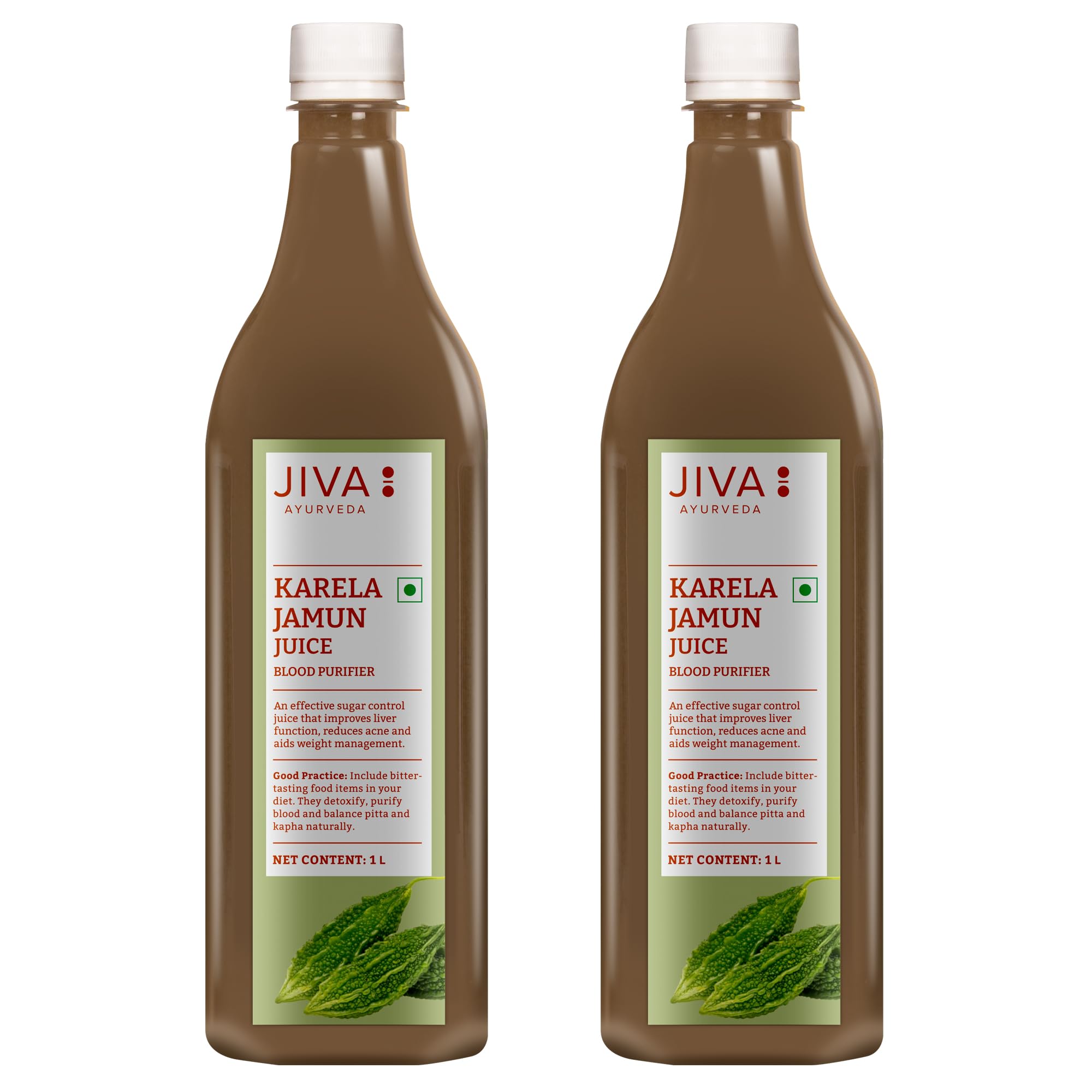 Two bottles of Jiva Ayurveda Karela Jamun Juice, 1L total