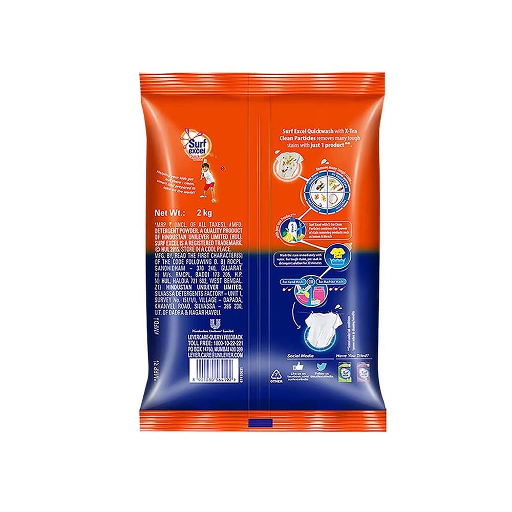 Surf Excel Quick Wash Detergent Powder 2 Kg, Washing Powder With Lemon & Bleach To Remove Tough Stains On Clothes - Bucket & Machine Wash, 1 Count – view 2