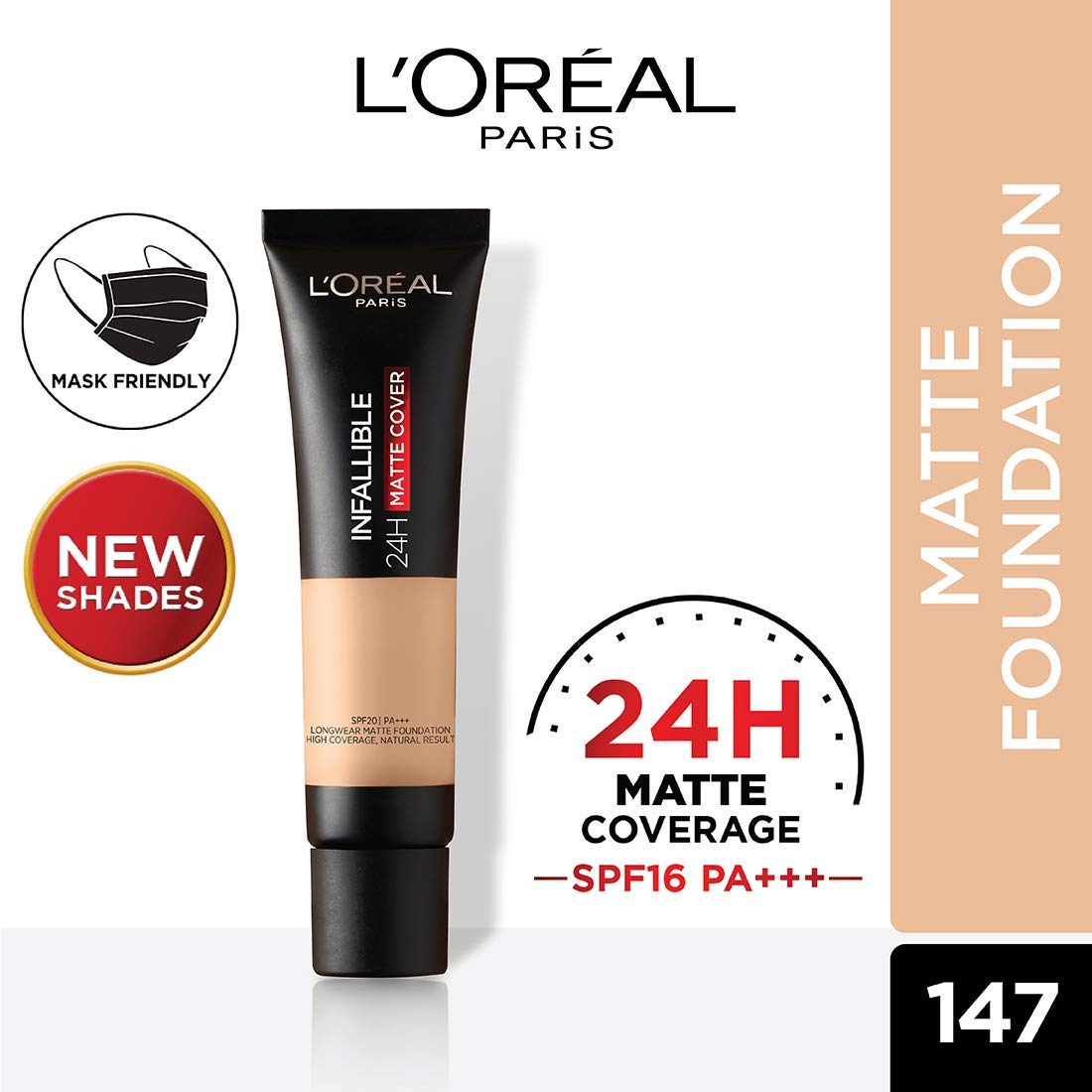 L'Oréal Paris Liquid Foundation, Waterproof, Sweatproof and Heatproof, Oil-Control, Infallible 24H Matte Cover, 147 Neutral Beige, 35 ml – view 2