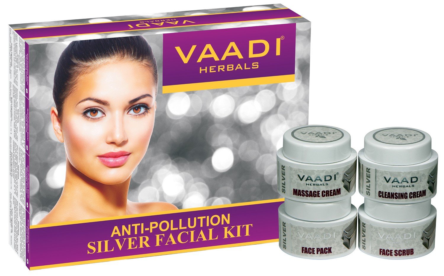 Silver facial kit pack with cleansing, massage, and face pack