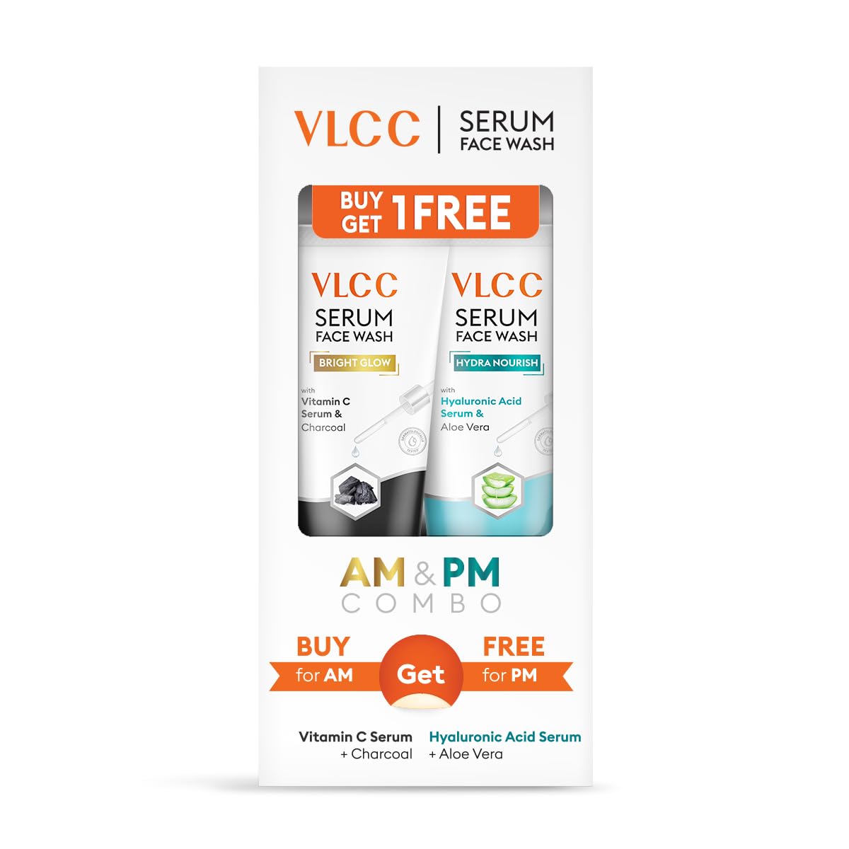 Two VLCC serum face wash tubes for morning and night routine