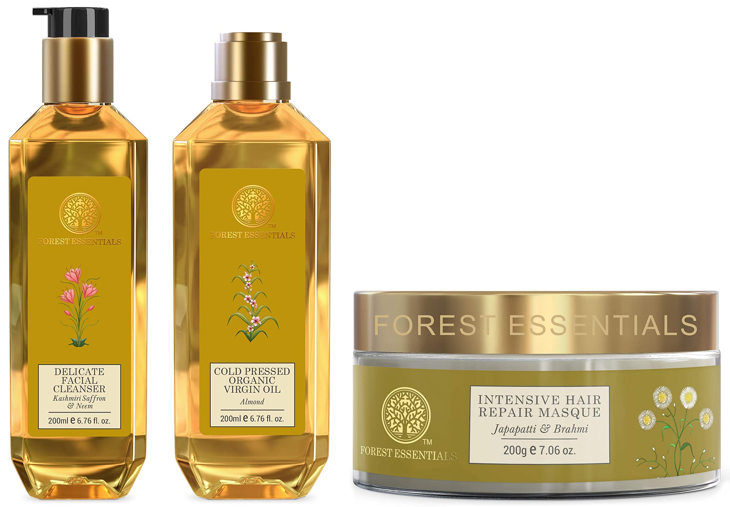 Forest Essentials Organic Cold Pressed Virgin Oil Almond 200ml & Delicate Facial Cleanser Kashmiri Saffron & Neem 200ml (Face Wash) & Intensive Hair Repair Masque Japapatti & Brahmi 200g (Hair Mask)