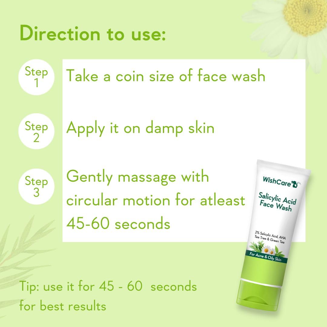 WishCare 2% Salicylic Acid Face Wash for Women & Men with AHA, GreenTea, Chamomile & TeaTree - Face Wash for Oily Skin & Acne Prone Skin 100ml – view 5
