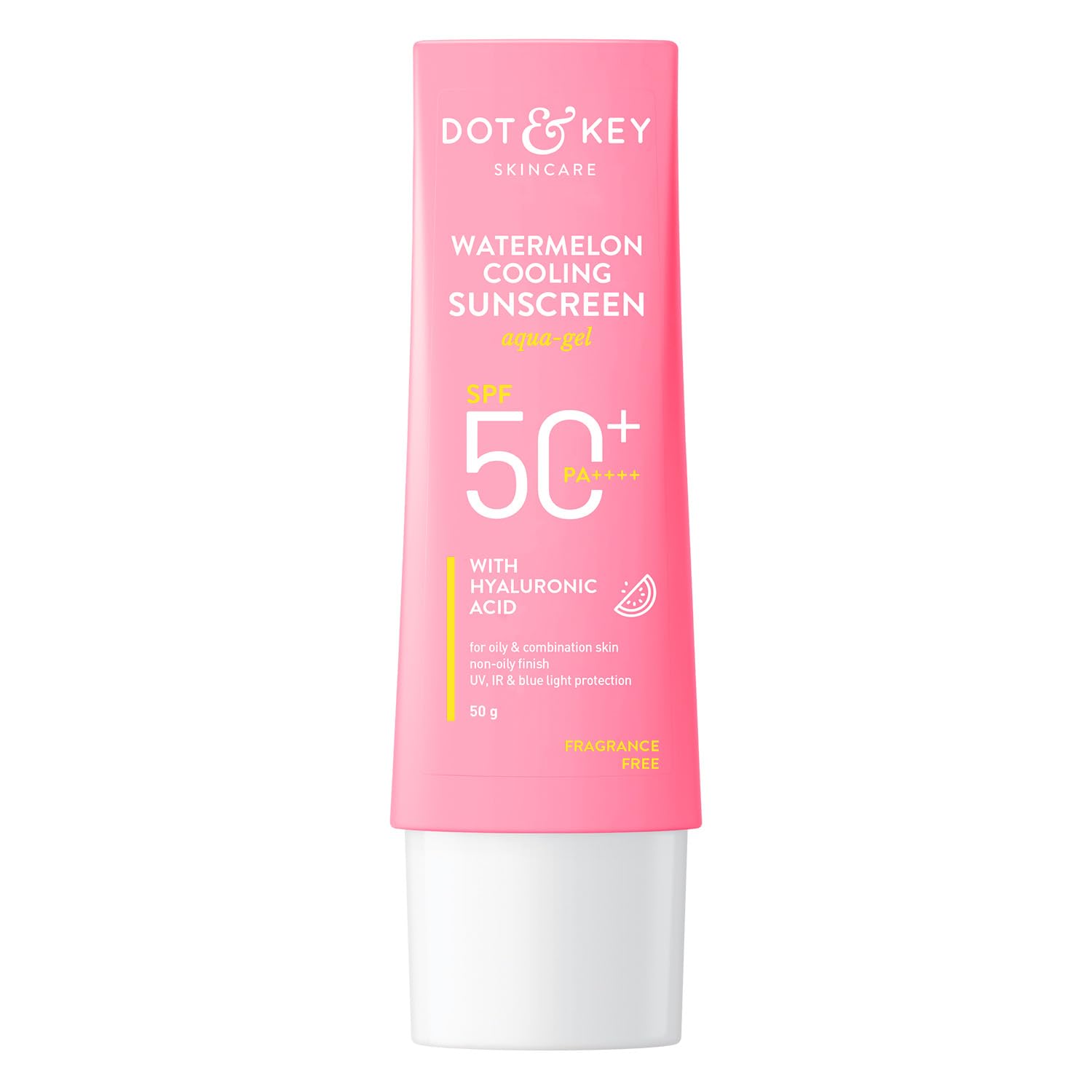 Dot & Key sunscreen tube with watermelon cooling SPF 50 label