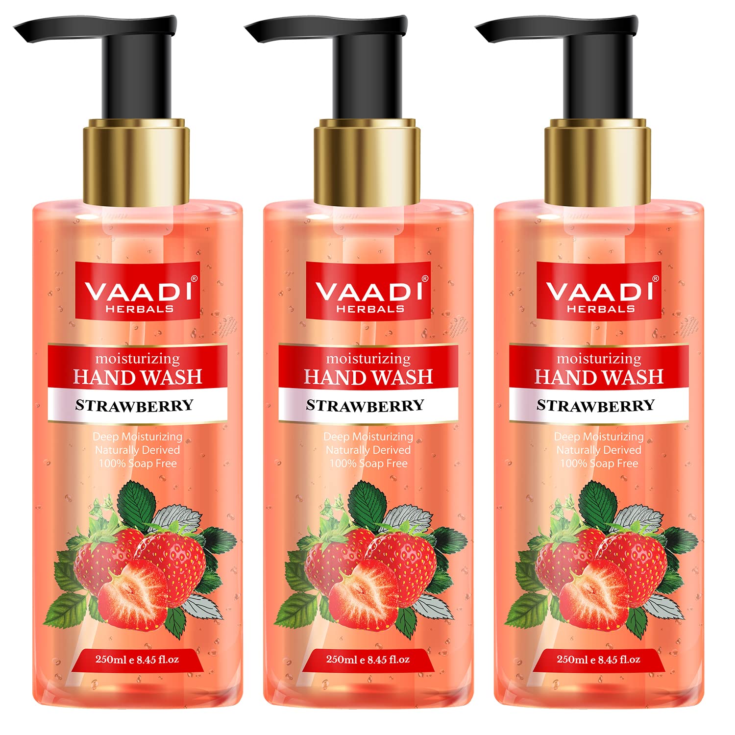 Three bottles of Vaadi Herbals strawberry moisturizing hand wash