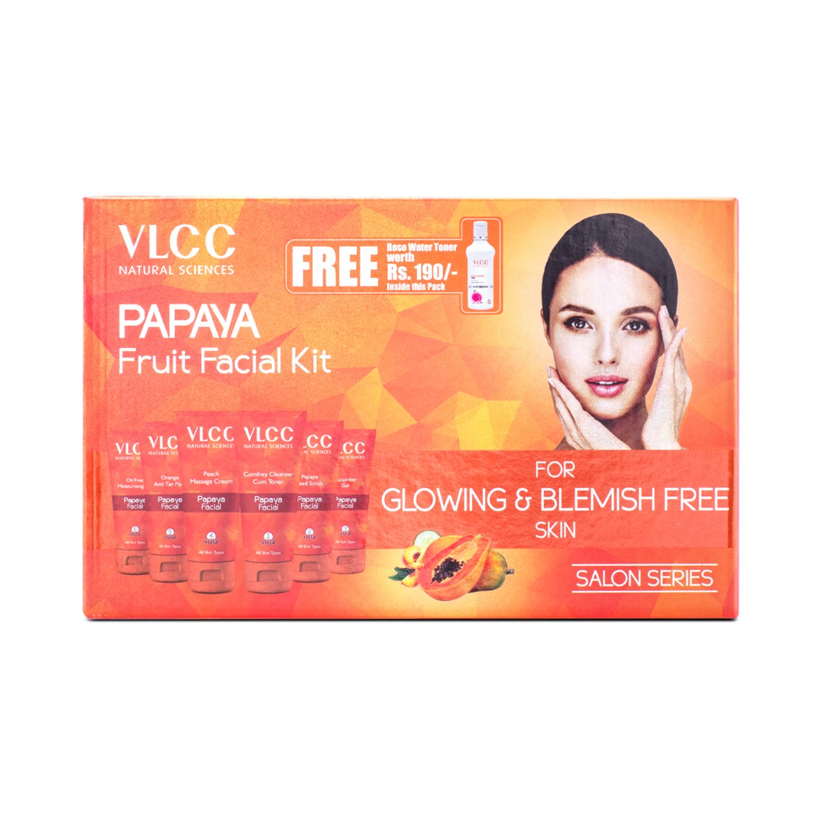 Boxed VLCC papaya facial kit with six tubes and toner