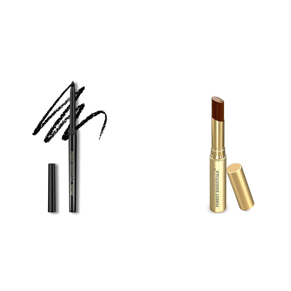 Forest Essentials charcoal black kajal with brown lip serum