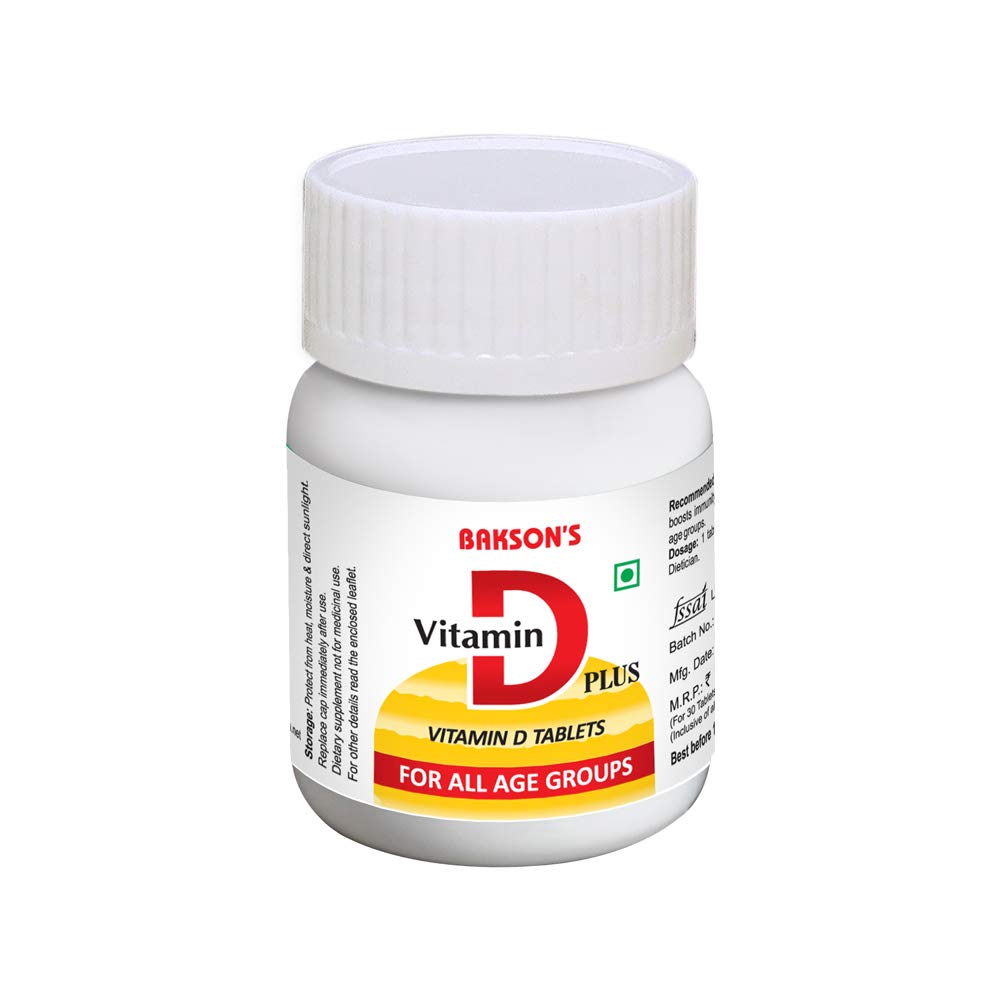 Bakson Vitamin D Plus tablet pack with 30 count label