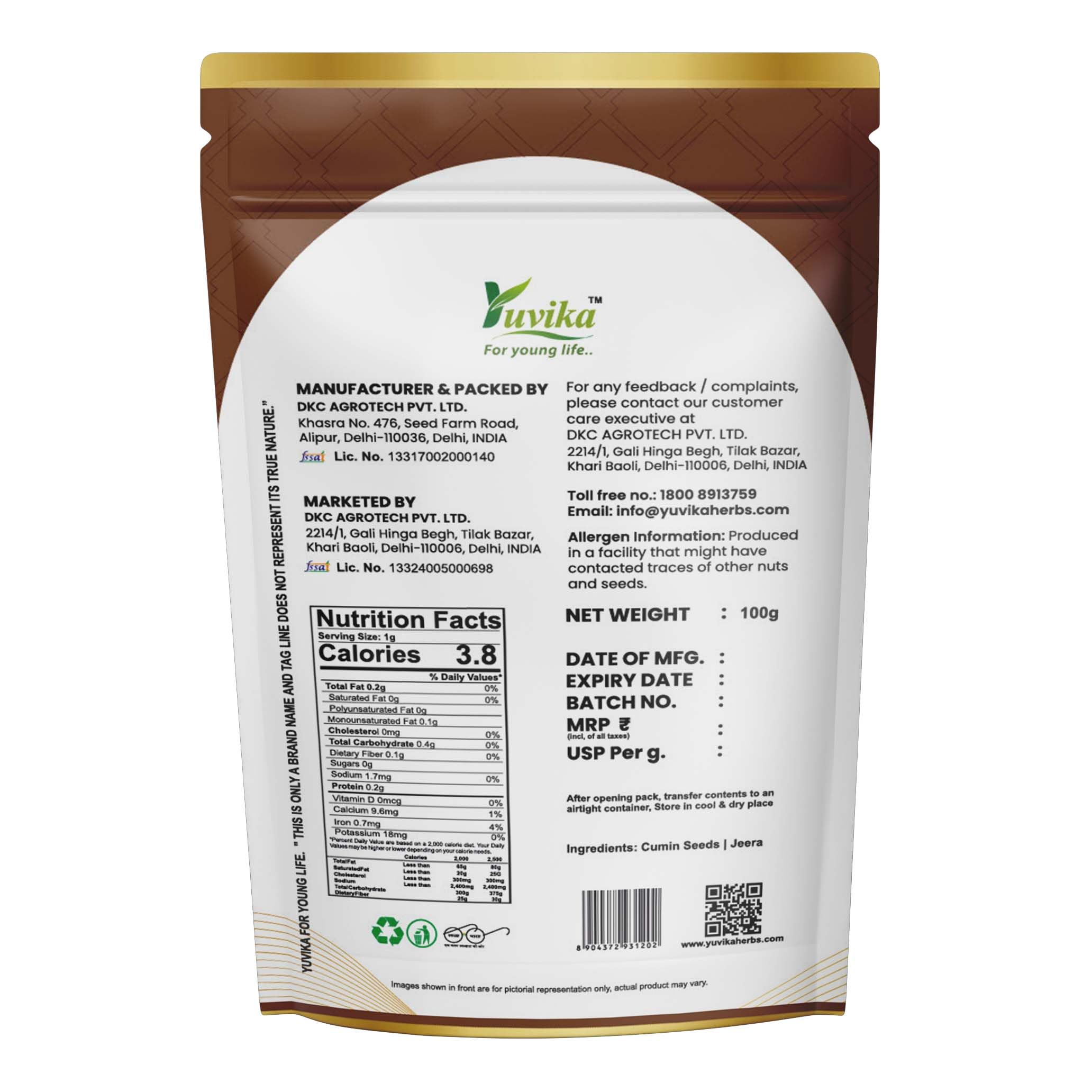 Yuvika Jeera Safed - Cuminum Cyminum - White Cumin Seeds 100 Grams – view 3