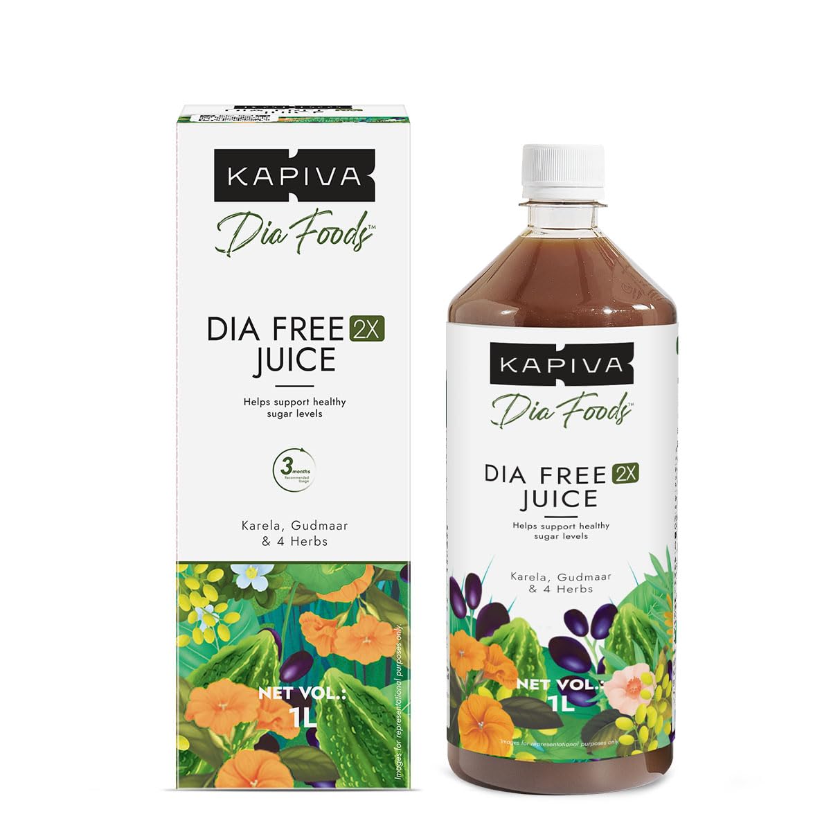 Front-facing Kapiva Dia Free 2X Juice 1L bottle