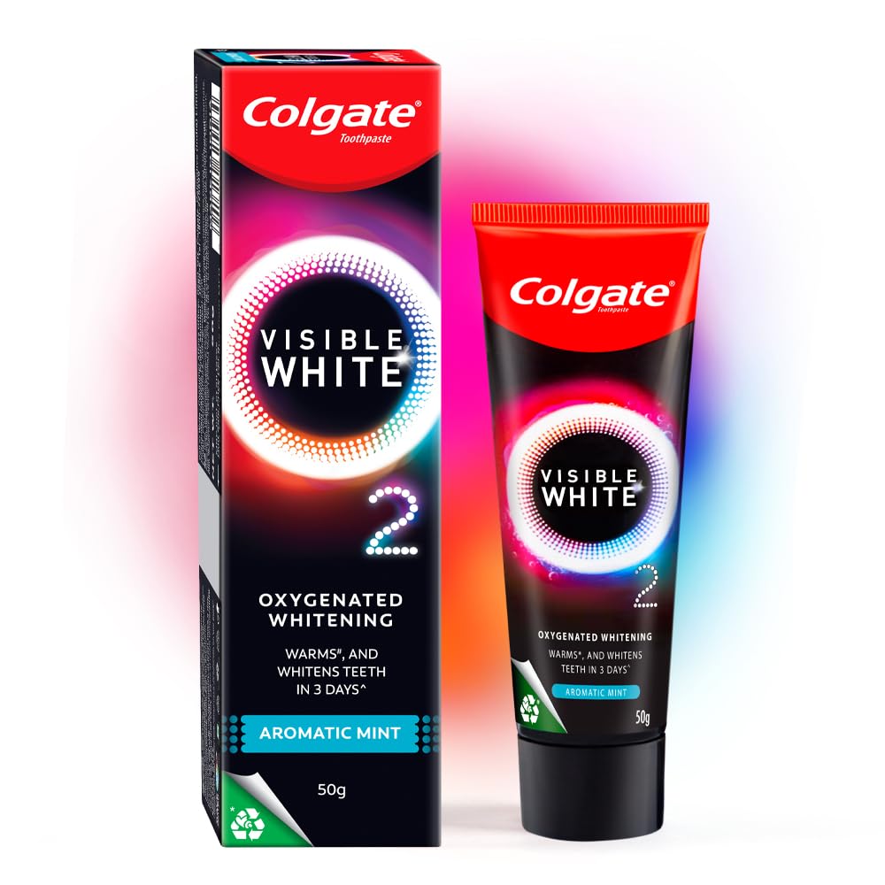 Colgate Visible White O2 teeth whitening toothpaste Aromatic Mint box