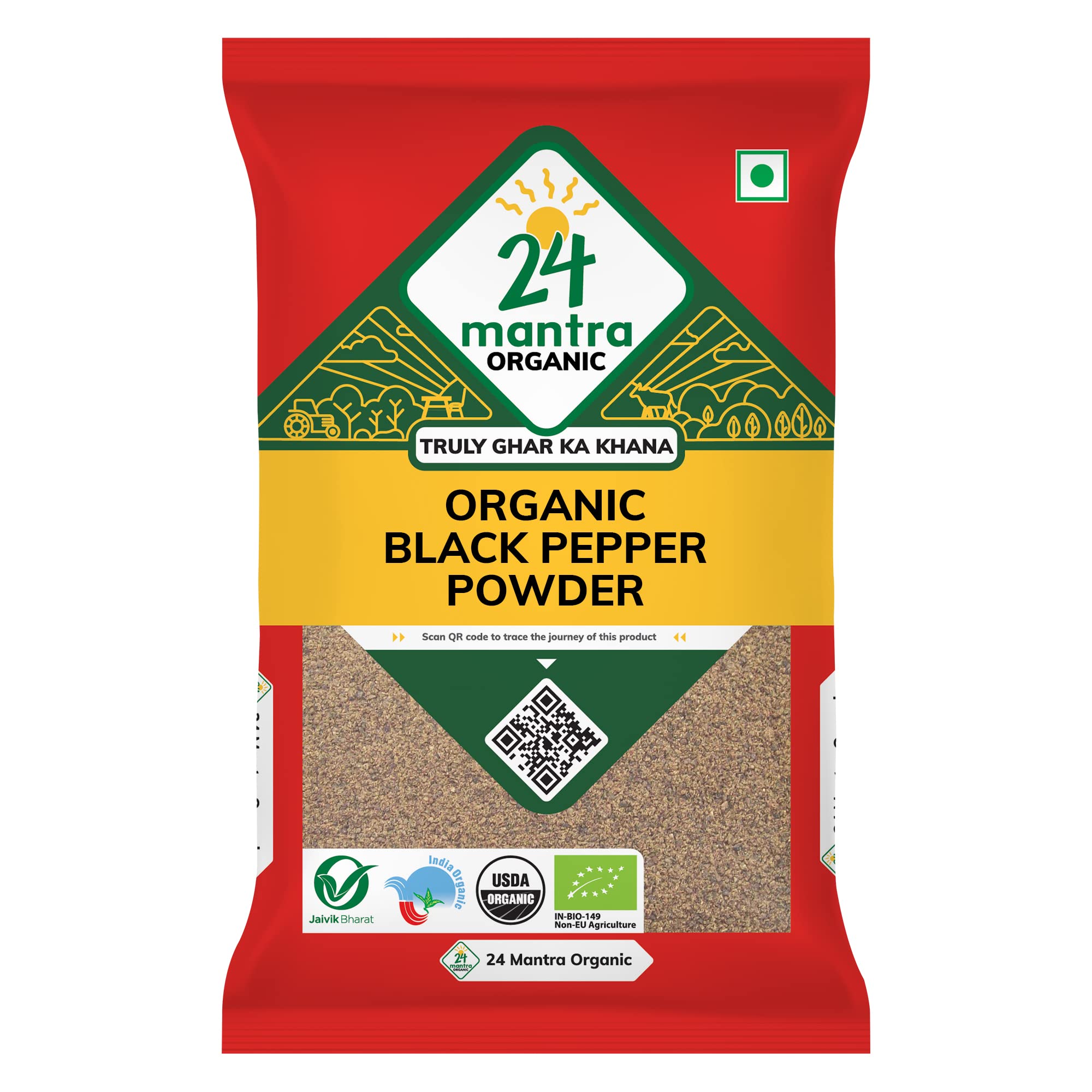 Front view of 24 Mantra Organic black pepper powder pack