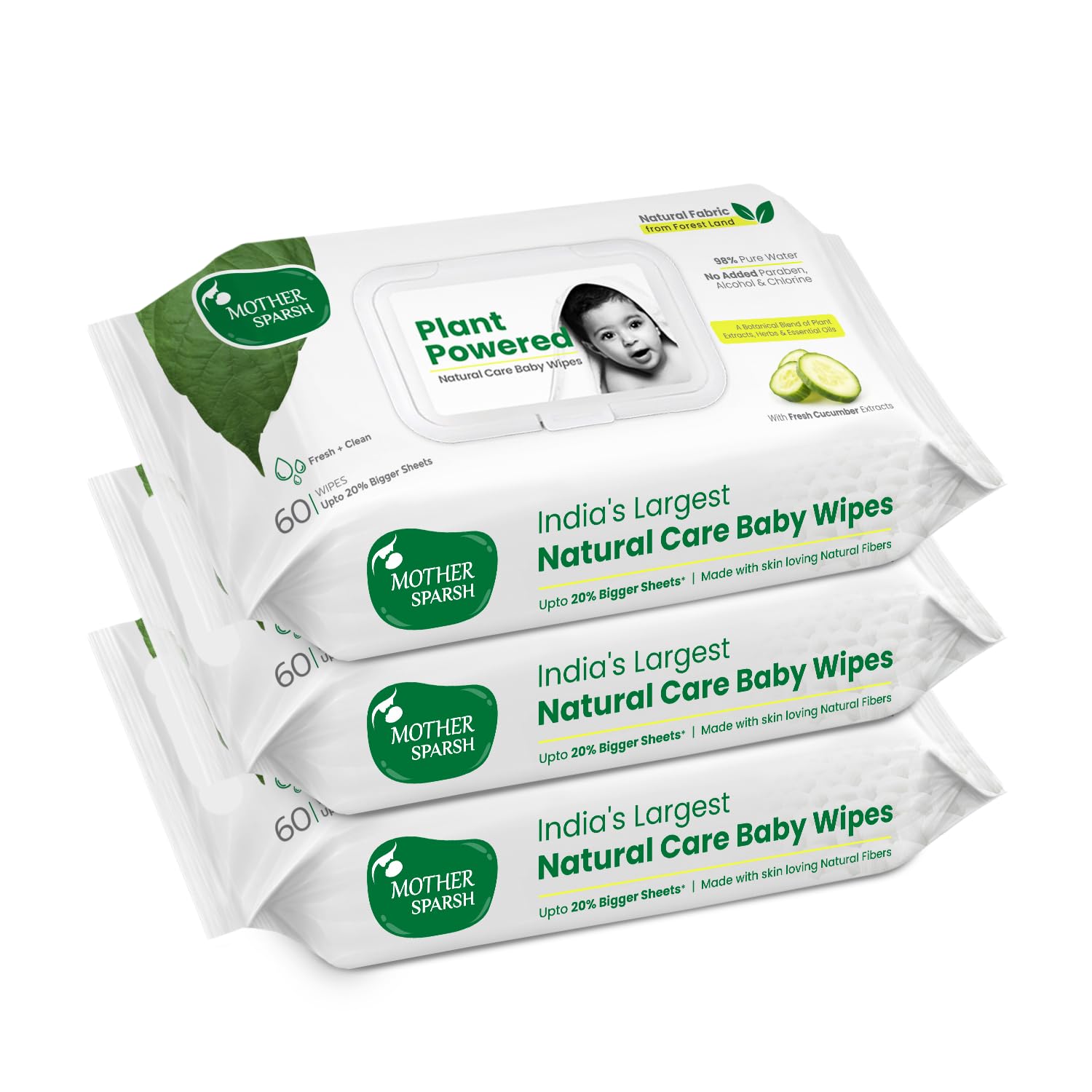 Mother Sparsh plant-based baby wipes pouches with cucumber fresh clean lid