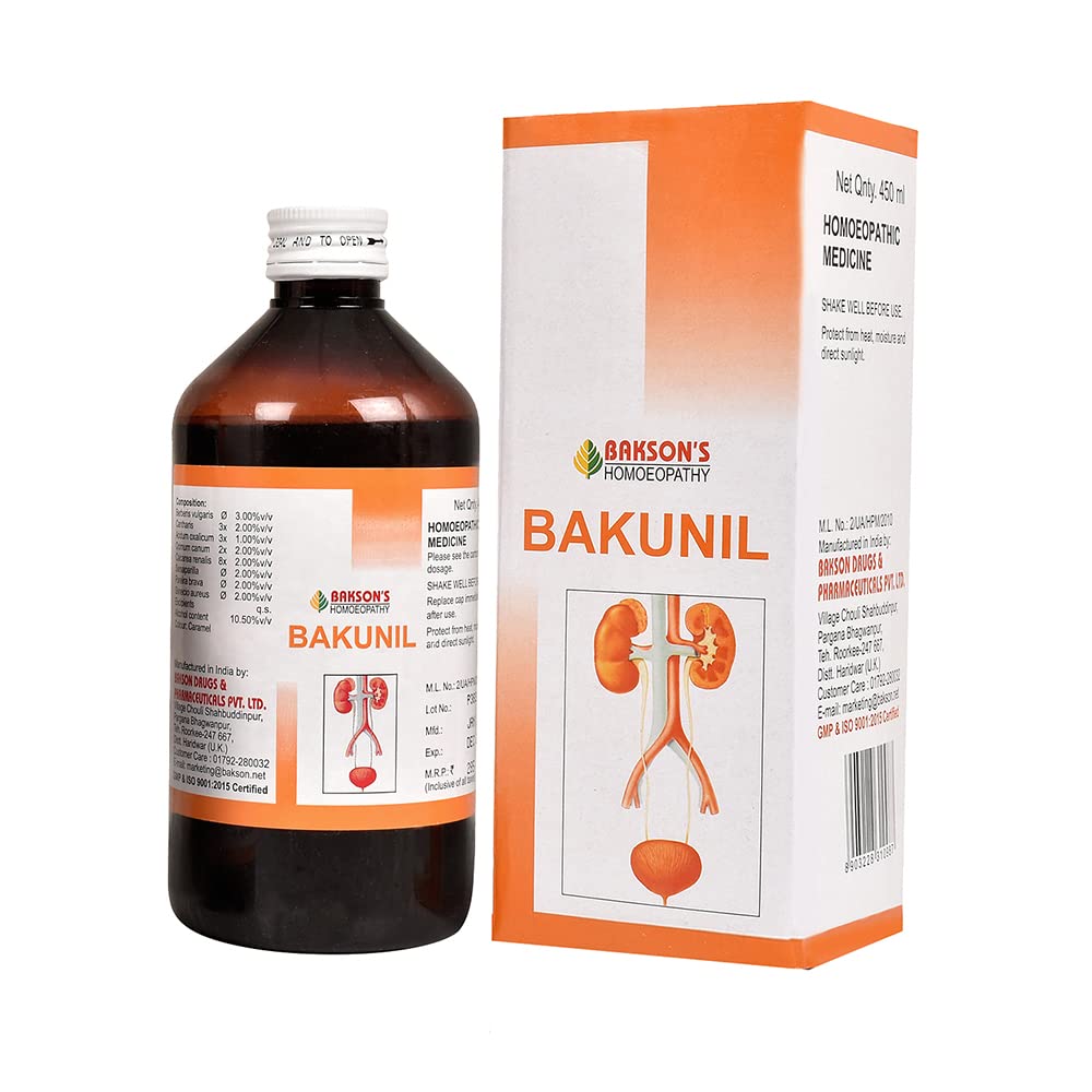 Front view of Bakunil Syrup 450 ml bottle packaging