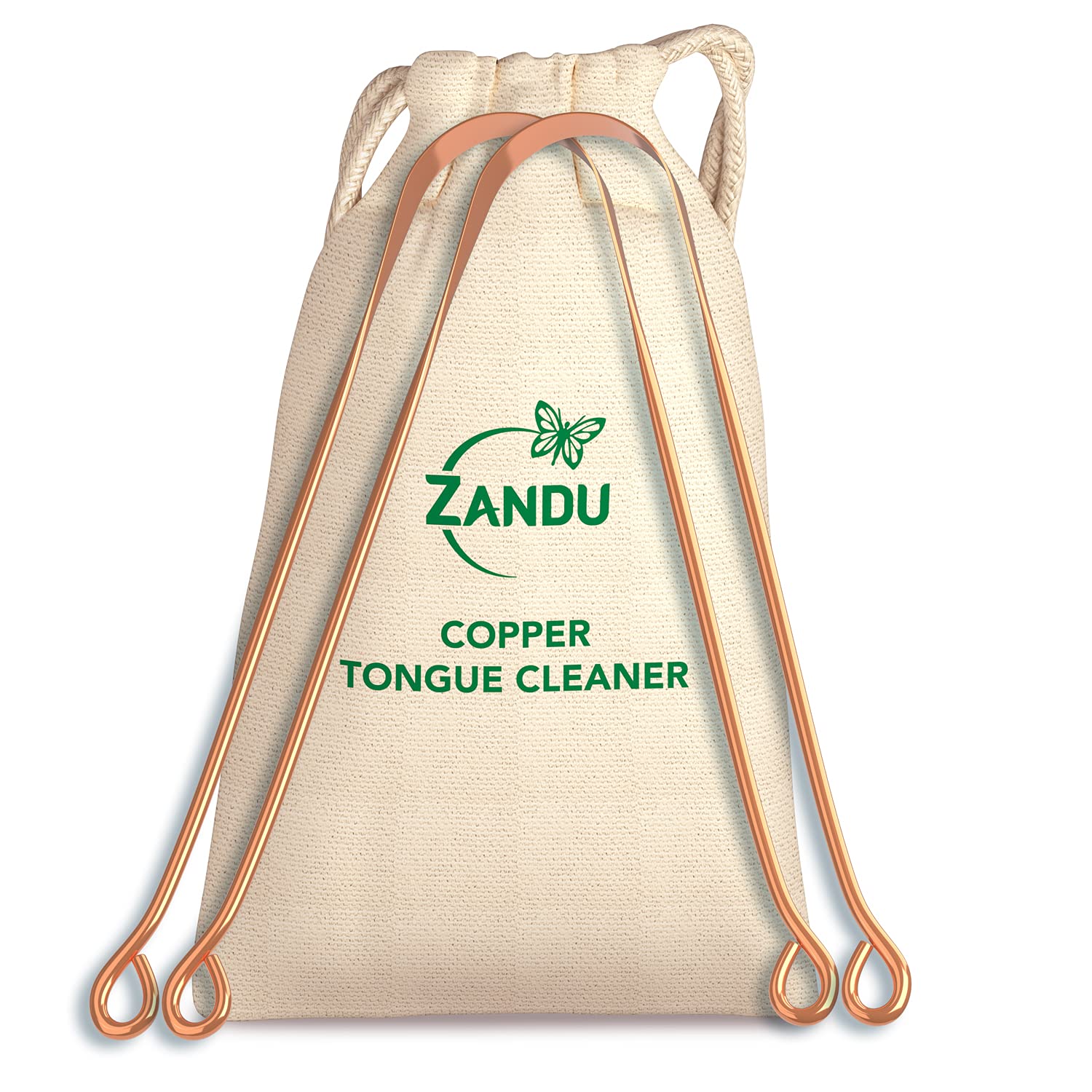 Two Zandu copper tongue cleaners with flexible handle design