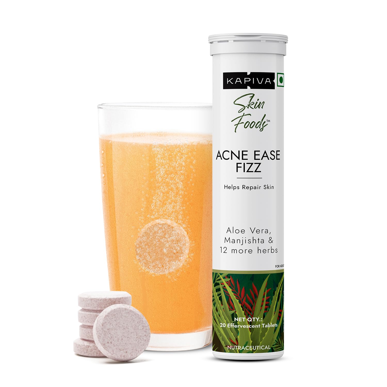 Kapiva orange flavored acne fizz tablet bottle with neem tulsi sandalwood