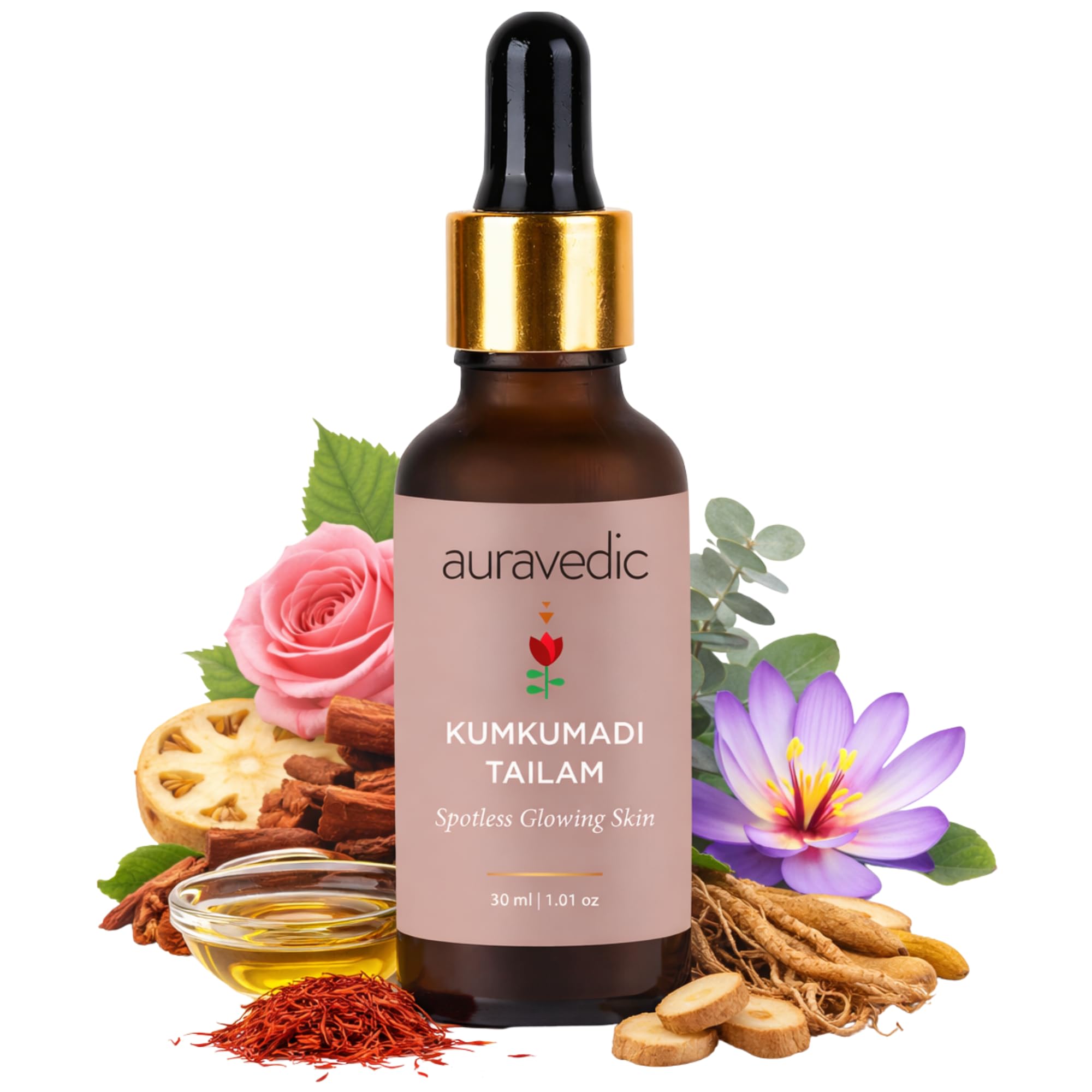Auravedic Kumkumadi face oil 30 ml bottle with label