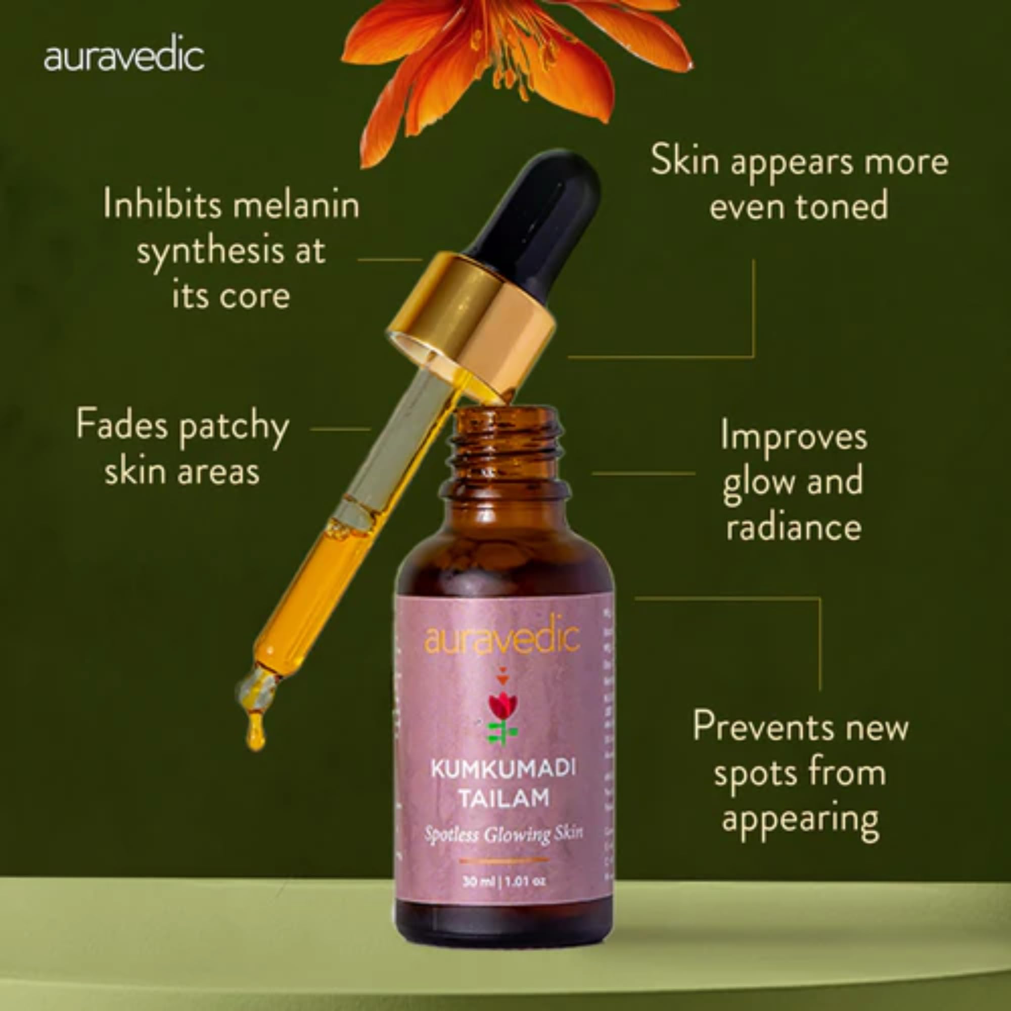 Auravedic Kumkumadi Tailam Face Oil 30 ml Kumkumadi oil for Face Serum for Glowing Skin Brightening Radiant Youthful Glow – view 3