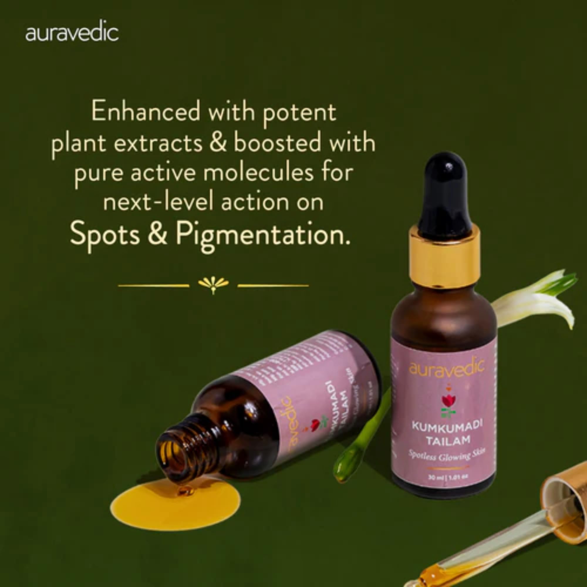 Auravedic Kumkumadi Tailam Face Oil 30 ml Kumkumadi oil for Face Serum for Glowing Skin Brightening Radiant Youthful Glow – view 5