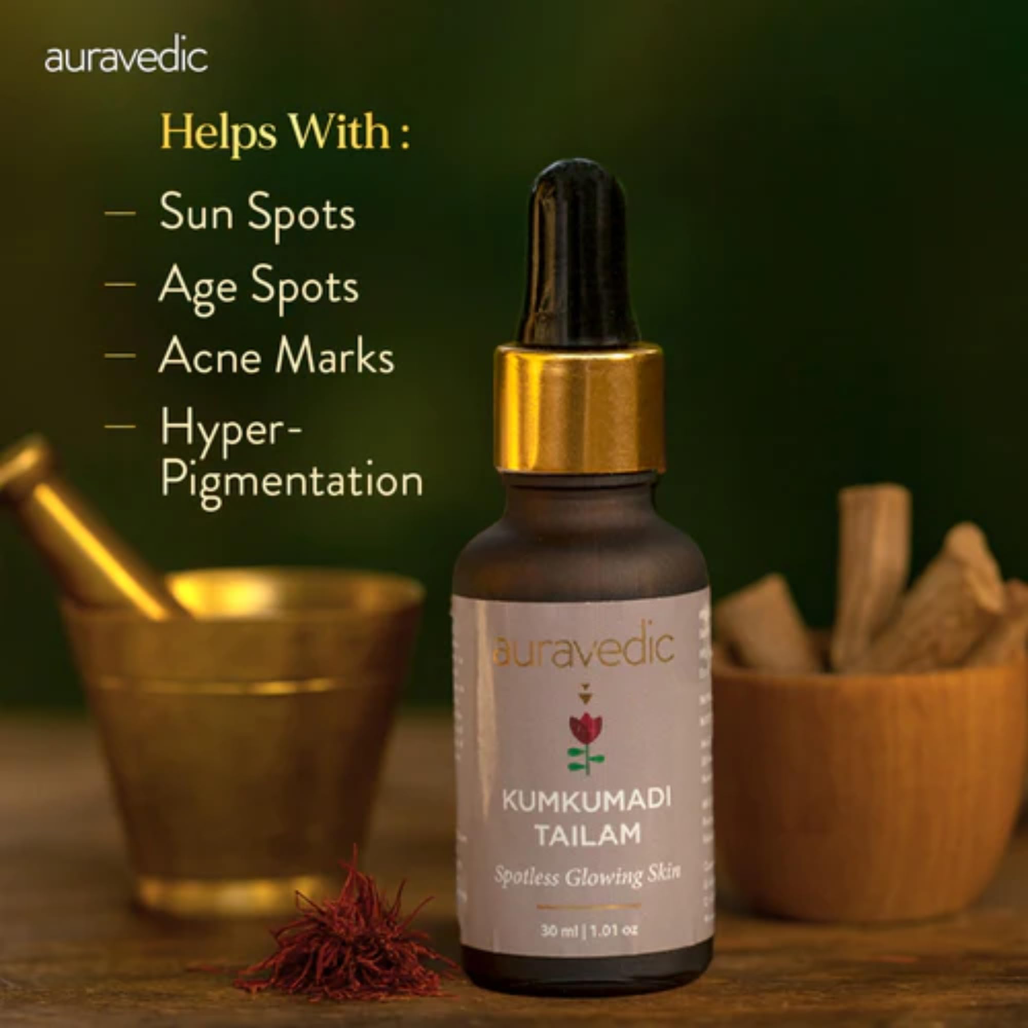 Auravedic Kumkumadi Tailam Face Oil 30 ml Kumkumadi oil for Face Serum for Glowing Skin Brightening Radiant Youthful Glow – view 6