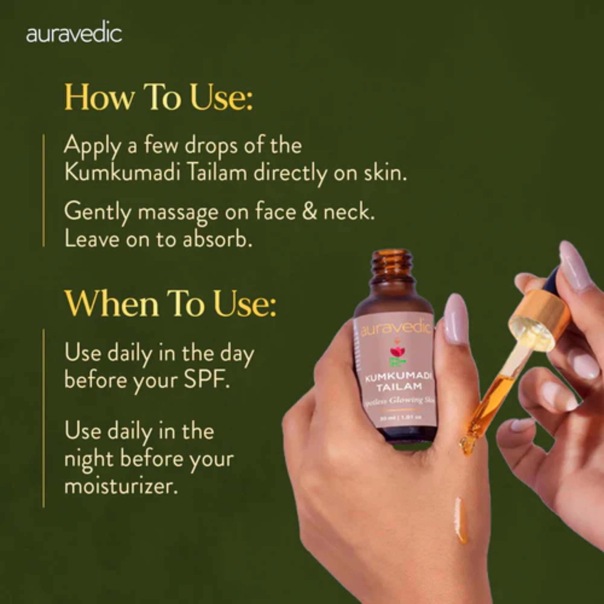Auravedic Kumkumadi Tailam Face Oil 30 ml Kumkumadi oil for Face Serum for Glowing Skin Brightening Radiant Youthful Glow – view 9