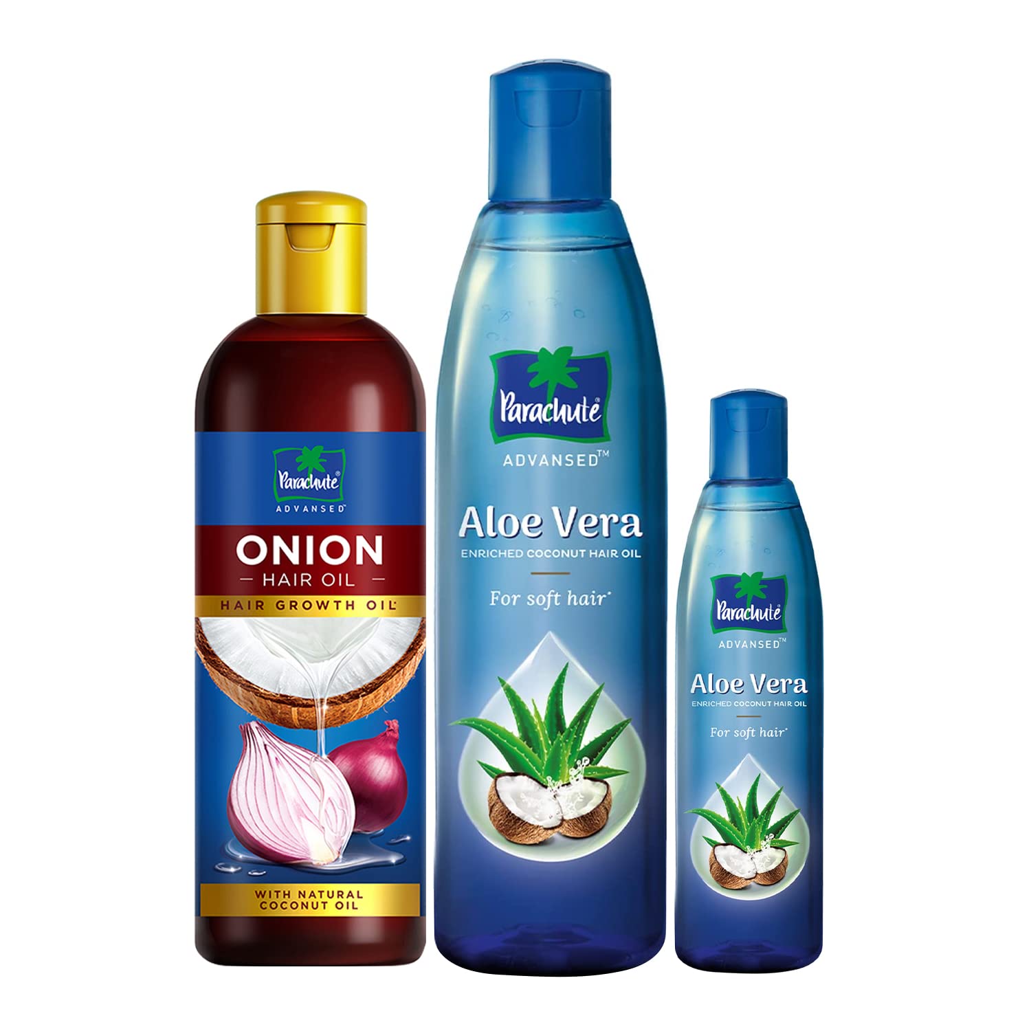 Parachute hair oil combo with aloe vera coconut and onion variants
