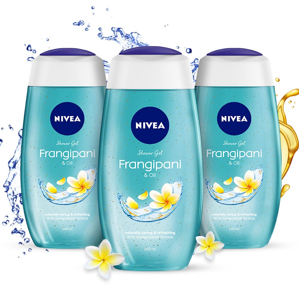 Three Nivea Frangipani shower gel bottles for fresh floral body wash
