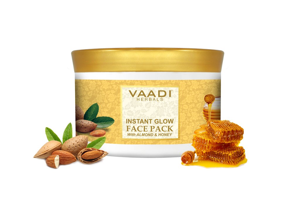 Front view of Vaadi Herbals almond and honey face pack jar