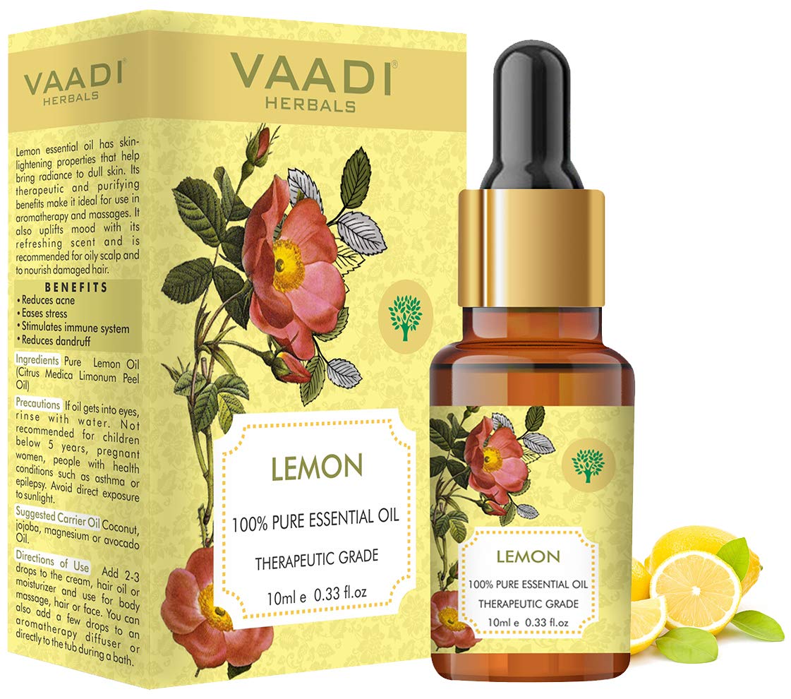 Front-facing Vaadi Herbals lemon essential oil bottle and box