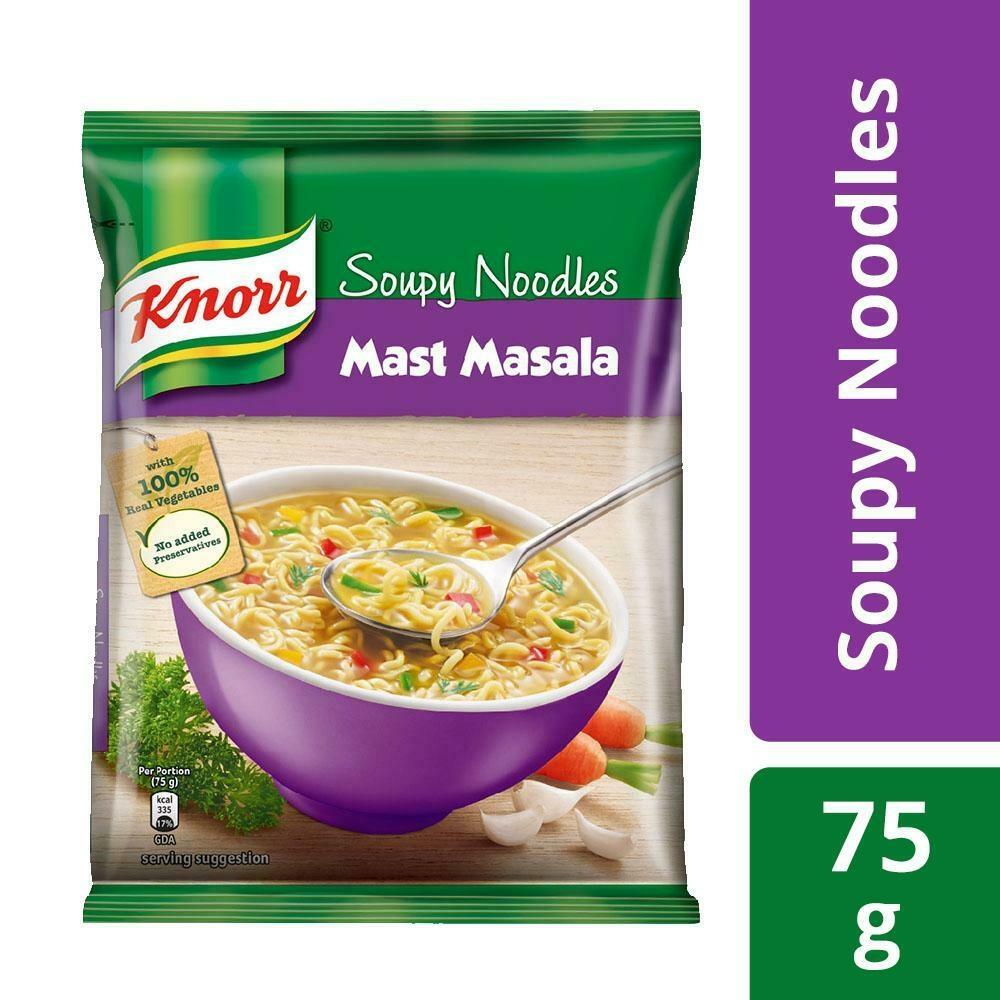 Front pack of Knorr Mast Masala soupy noodles 75 g