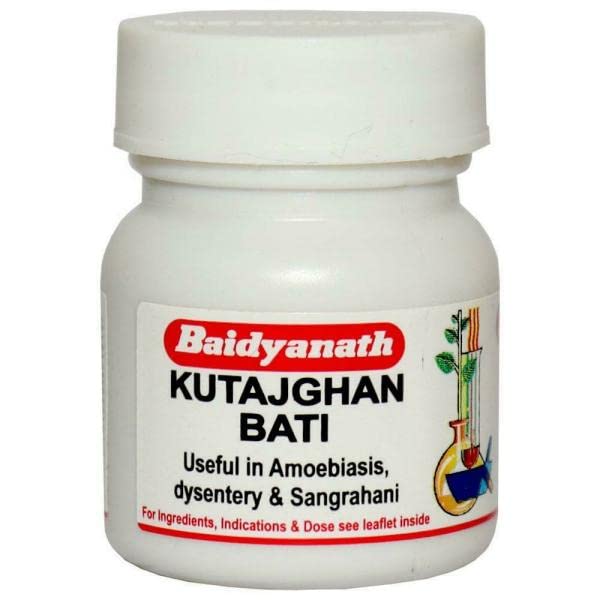 Two-bottle pack of Baidyanath Kutajghan Bati tablets front view