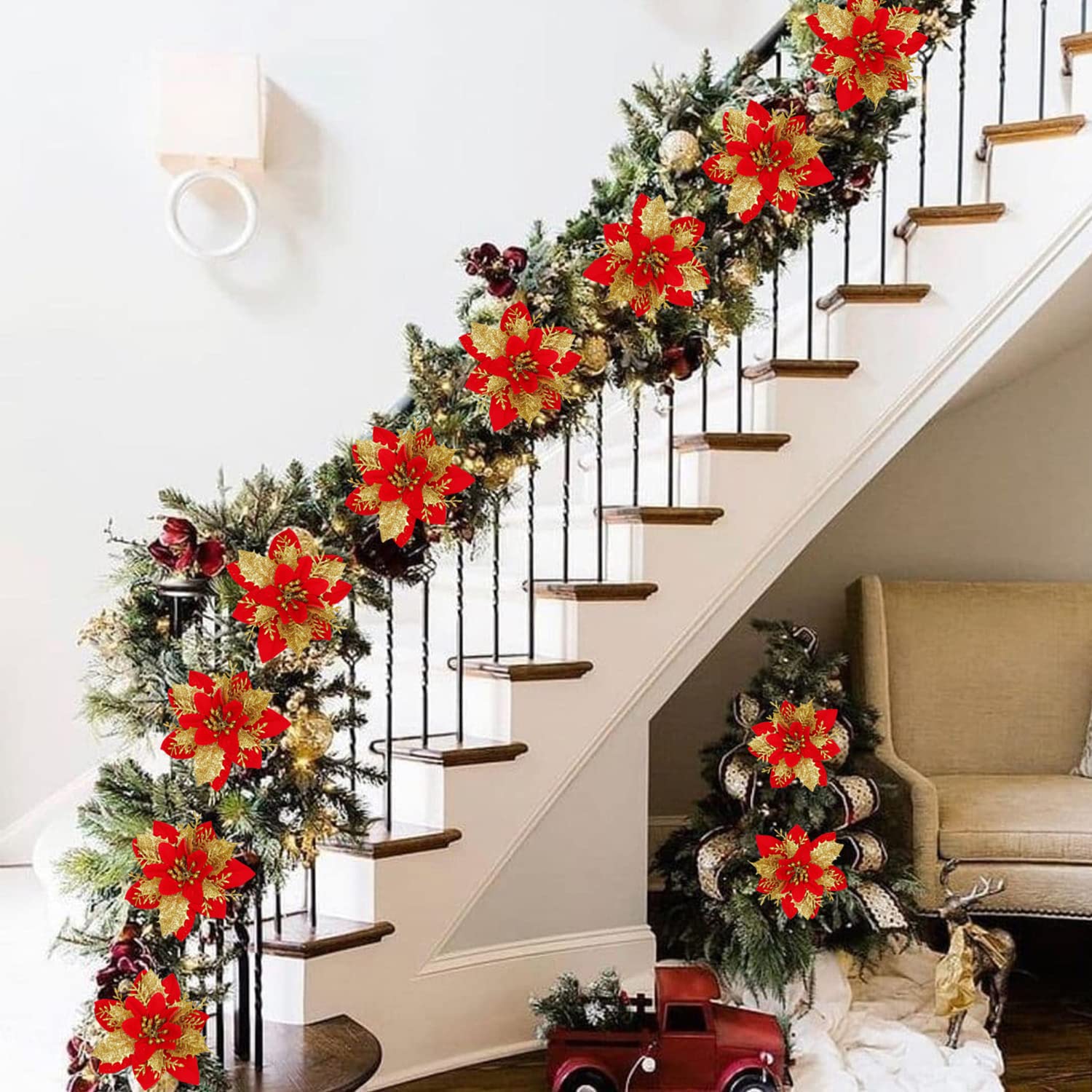 Christmas 12Pcs Poinsettias Flowers Decoration Artificial Flowers for Christmas Tree Ornaments Suitable for Home Wreath Making Xmas Decorations Xmas Tree Decorations Items – view 6