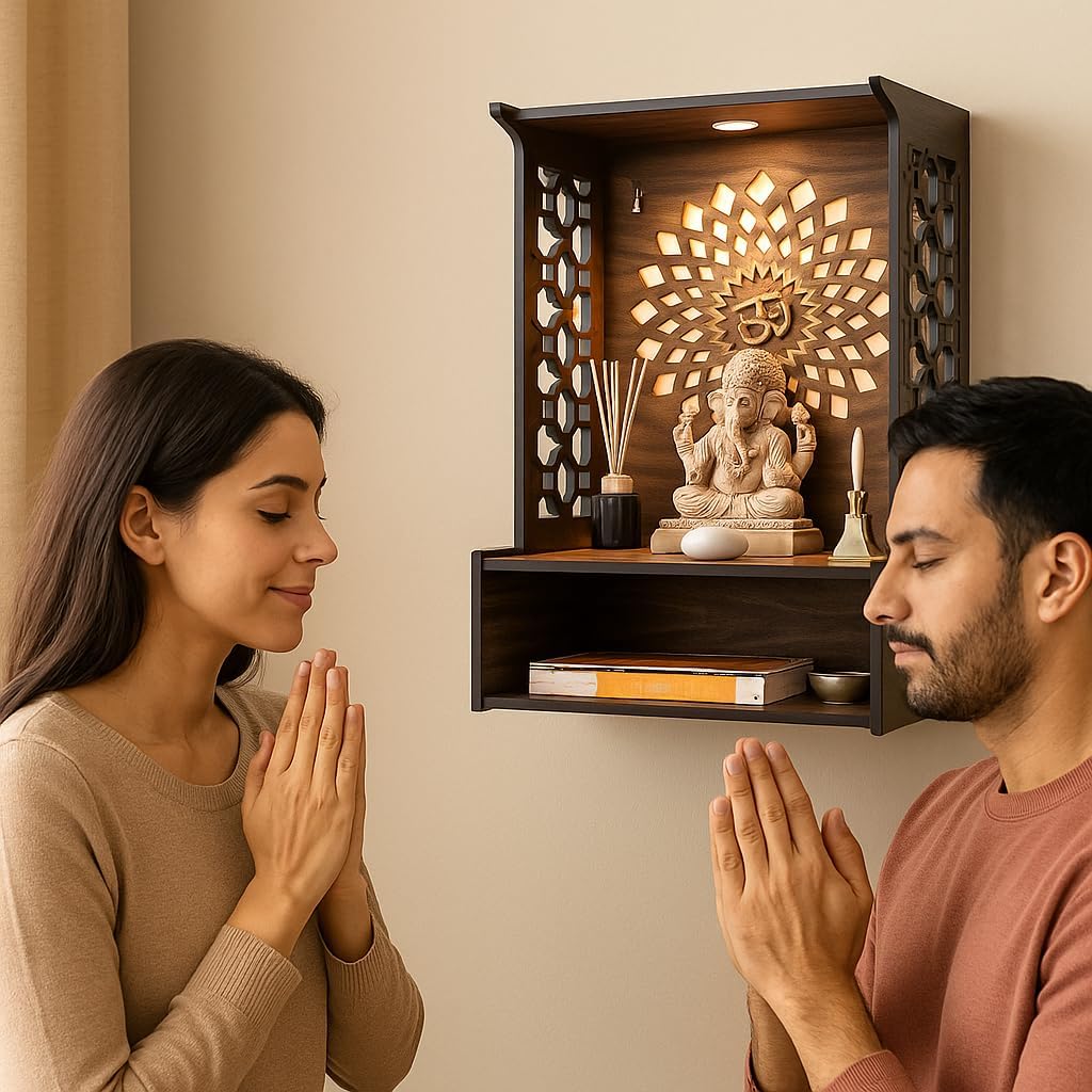Puzzle Berry Nivasam Engineered Wood Hand Crafted OM Pattern Pooja Mandir for Home & Office, Wall Mounted Wooden Temple, Pooja Stand with Storage Cabinet, Small & Big Size (Mandir Design 1) – view 2