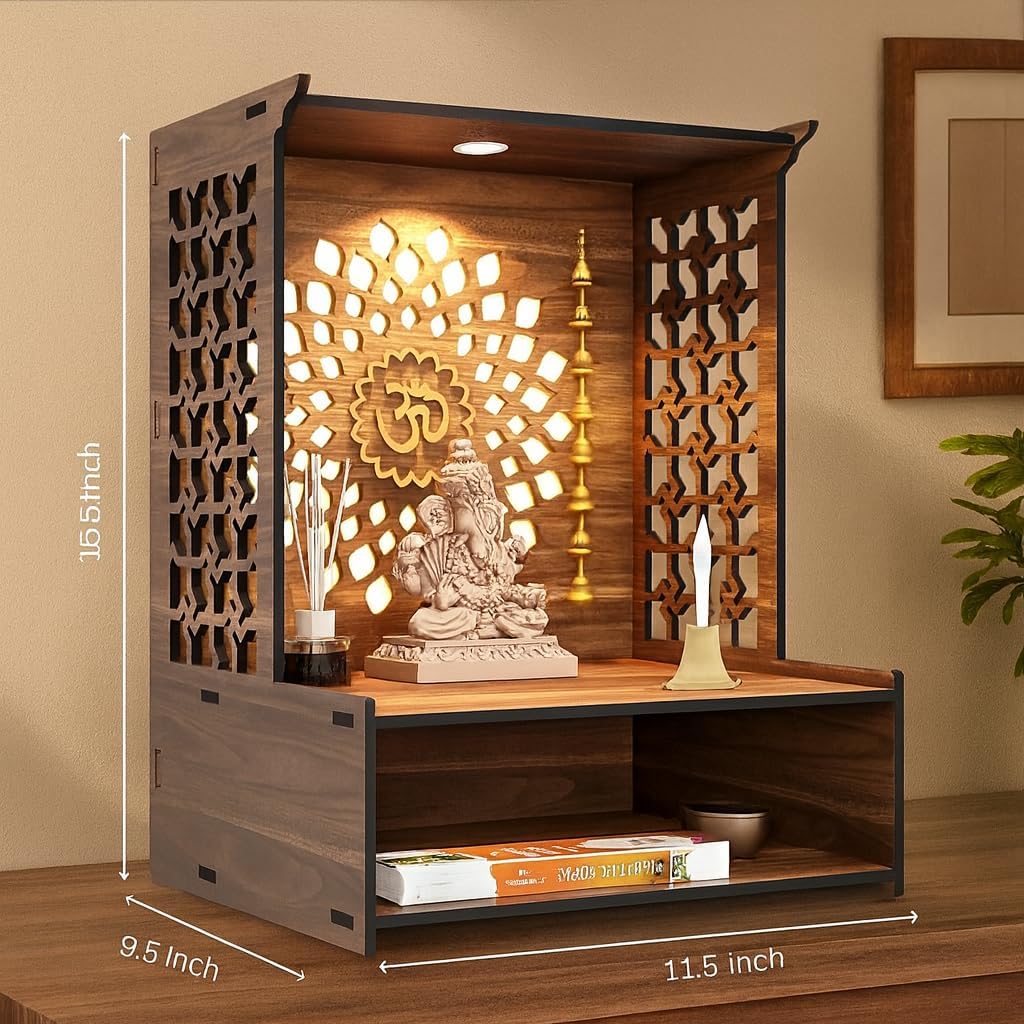 Puzzle Berry Nivasam Engineered Wood Hand Crafted OM Pattern Pooja Mandir for Home & Office, Wall Mounted Wooden Temple, Pooja Stand with Storage Cabinet, Small & Big Size (Mandir Design 1) – view 3