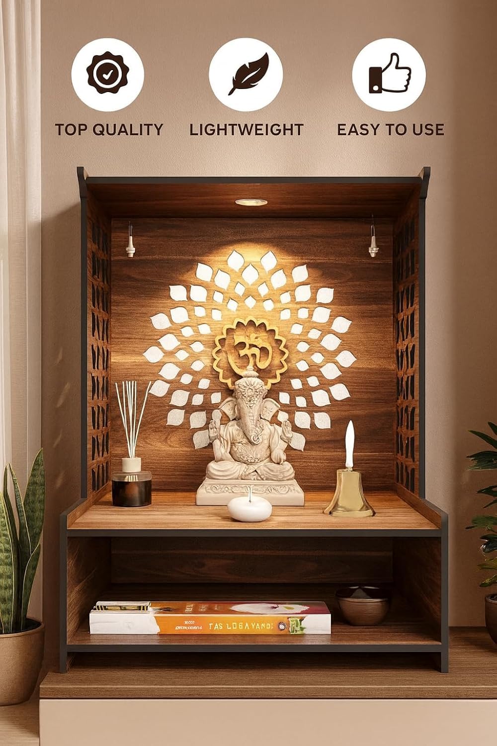 Puzzle Berry Nivasam Engineered Wood Hand Crafted OM Pattern Pooja Mandir for Home & Office, Wall Mounted Wooden Temple, Pooja Stand with Storage Cabinet, Small & Big Size (Mandir Design 1) – view 4