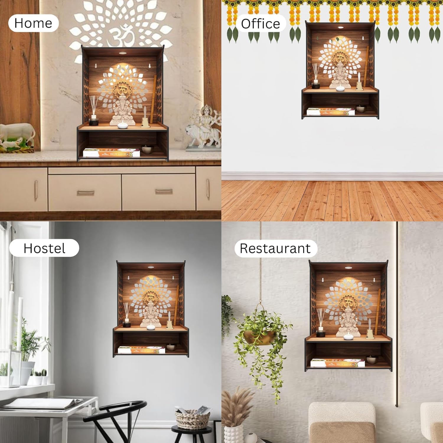 Puzzle Berry Nivasam Engineered Wood Hand Crafted OM Pattern Pooja Mandir for Home & Office, Wall Mounted Wooden Temple, Pooja Stand with Storage Cabinet, Small & Big Size (Mandir Design 1) – view 5