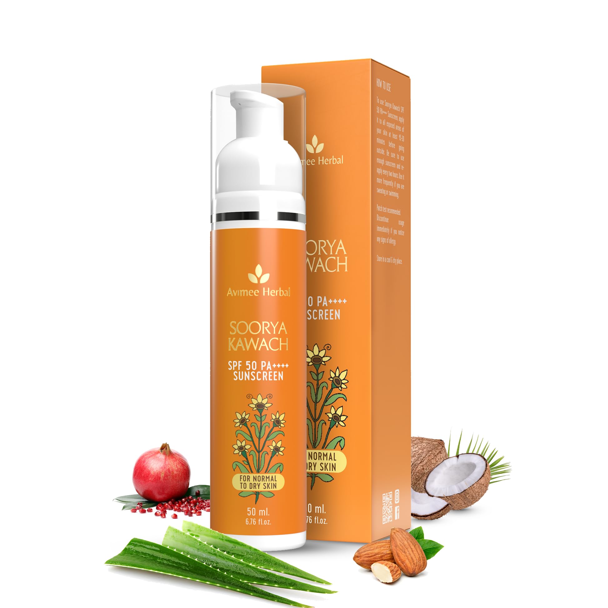 AVIMEE HERBAL Soorya Kawach Sunscreen With De-Tan Extract - 50 ml | Spf 50 PA++++ For Broad Spectrum UVA, UVB & Blue Light Protection | For All Skin Types | Light Weight & Non-Greasy | For Men & Women