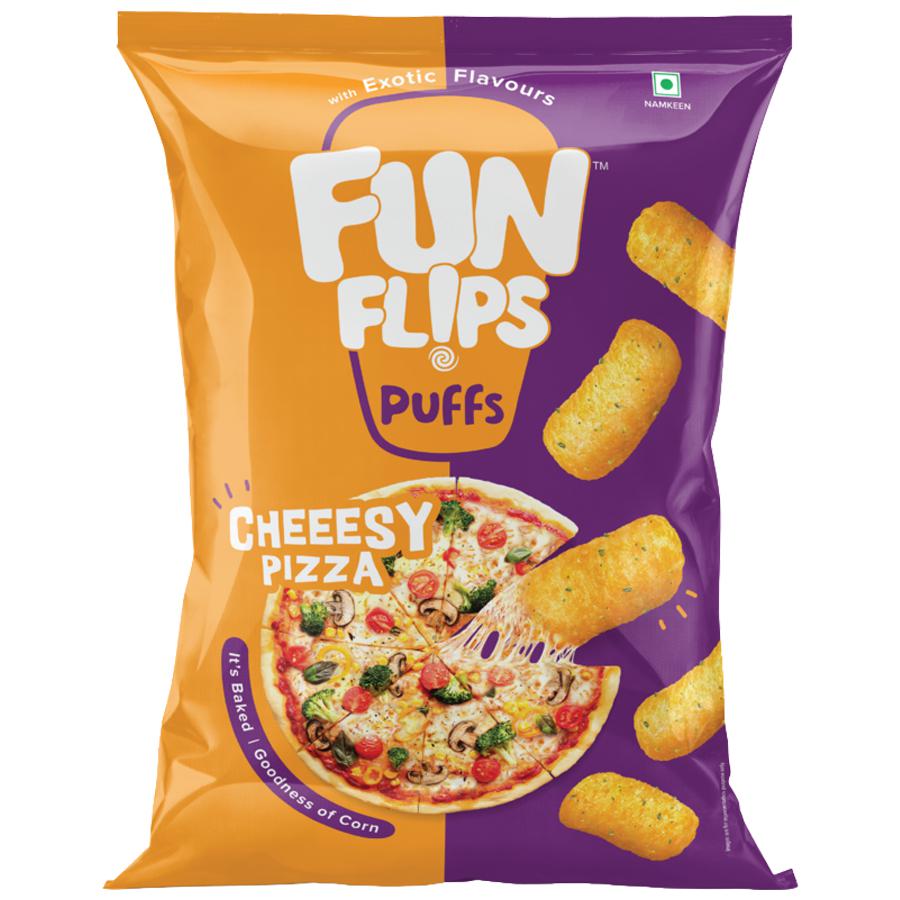 Front pack of Fun Flips Cheeesy Pizza Puffs baked snack